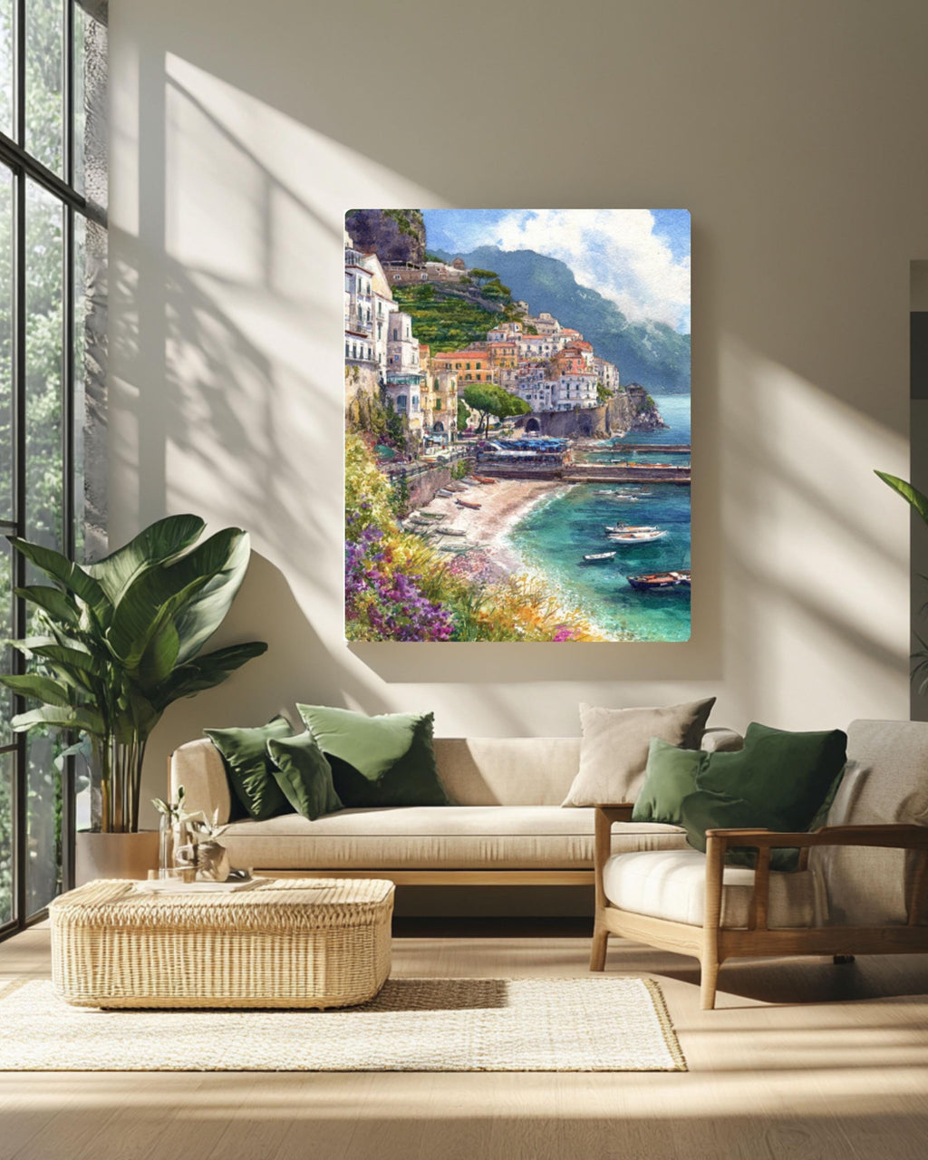 Amalfi Coast Watercolor Print: Italian Seaside Landscape, Pastel Wall Art Canvas Wall Art – Modern Decor Print
