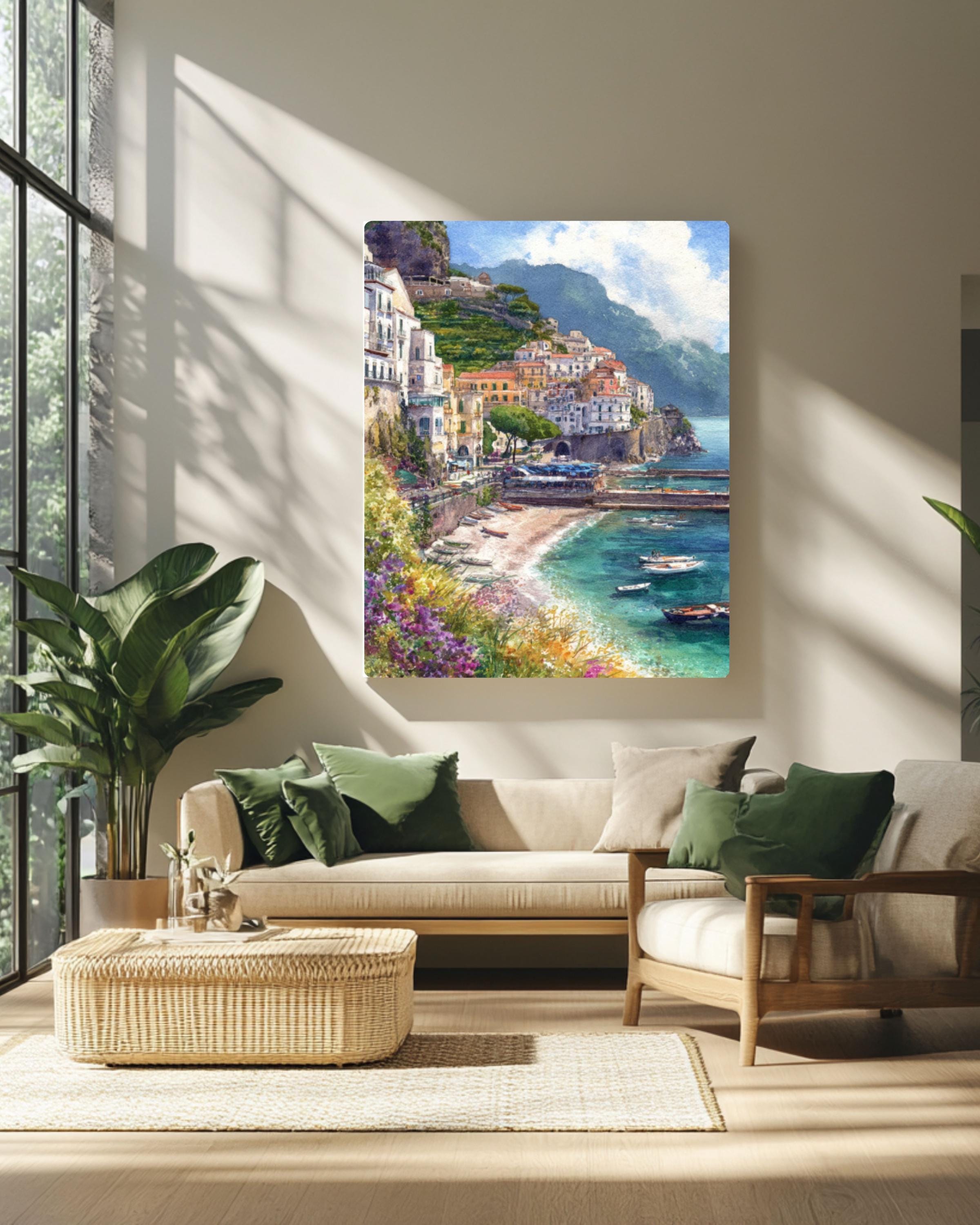 Amalfi Coast Watercolor Print: Italian Seaside Landscape, Pastel Wall Art Canvas Wall Art – Modern Decor Print
