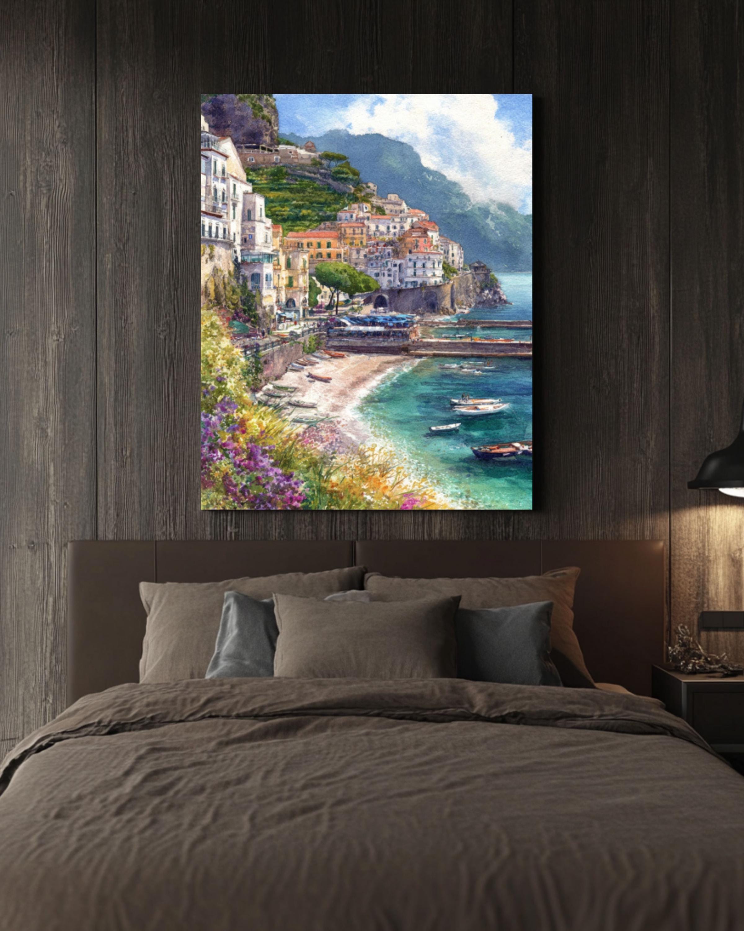 Amalfi Coast Watercolor Print: Italian Seaside Landscape, Pastel Wall Art Canvas Wall Art – Modern Decor Print