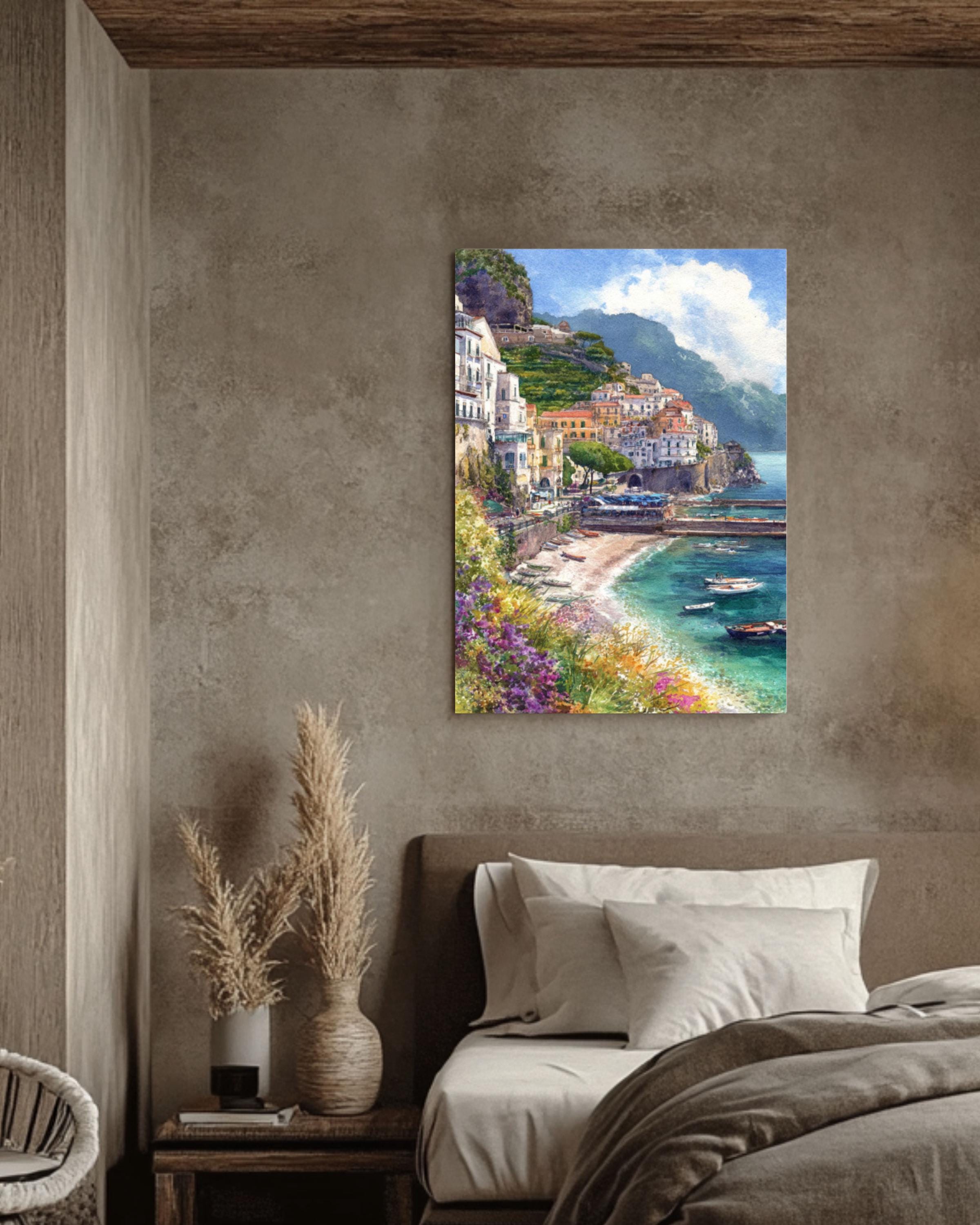 Amalfi Coast Watercolor Print: Italian Seaside Landscape, Pastel Wall Art Canvas Wall Art – Modern Decor Print