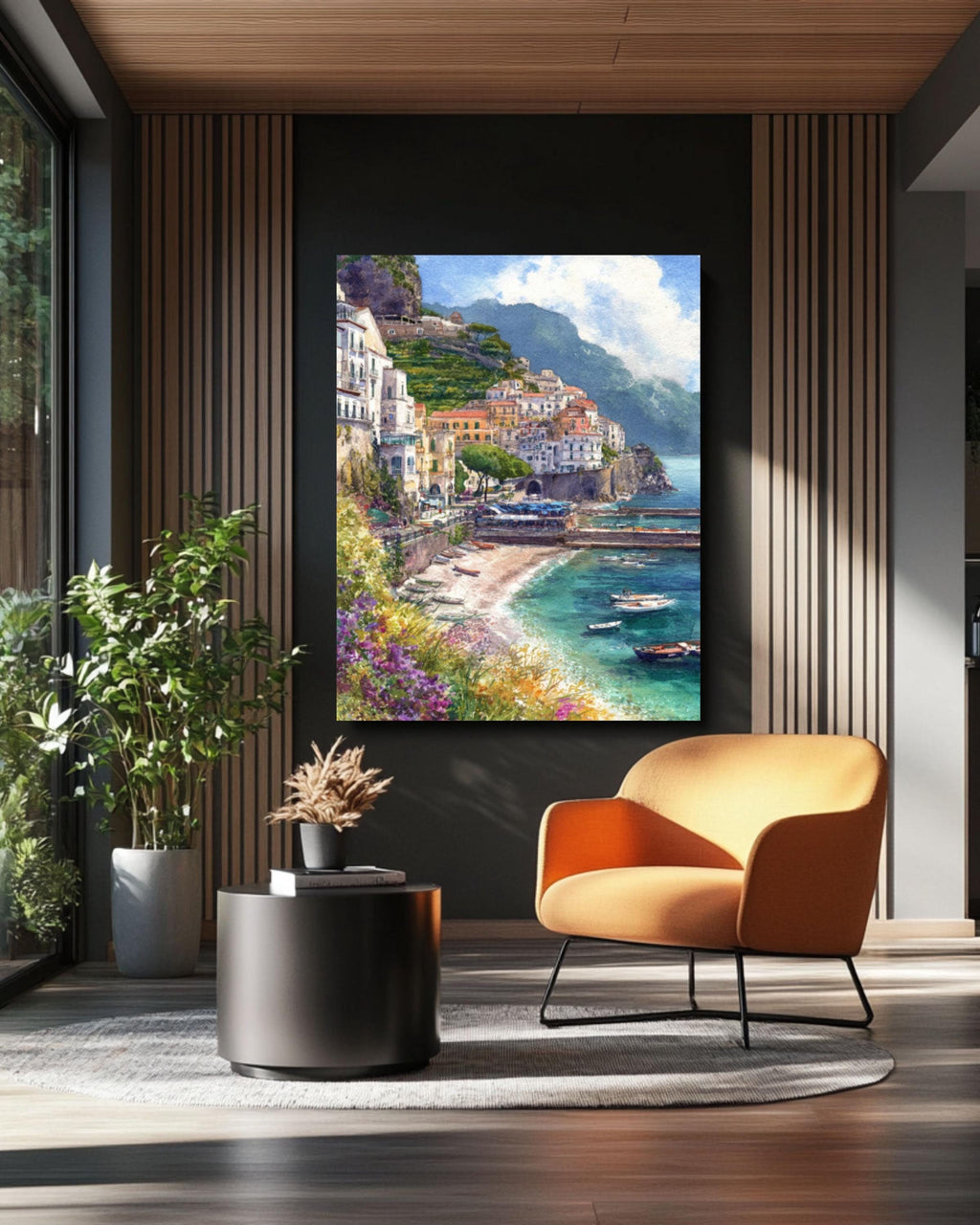 Amalfi Coast Watercolor Print: Italian Seaside Landscape, Pastel Wall Art Canvas Wall Art – Modern Decor Print