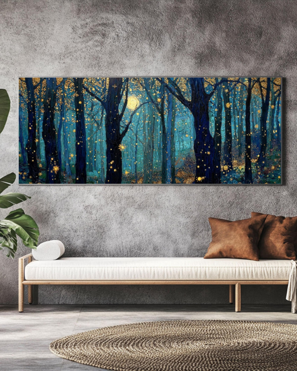 Moonlight Forest Canvas Art: Klimt & Payne Style, Gold Stars Canvas Wall Art – Modern Decor Print