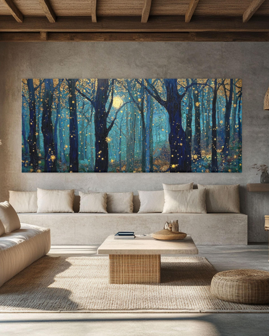 Moonlight Forest Canvas Art: Klimt & Payne Style, Gold Stars Canvas Wall Art – Modern Decor Print