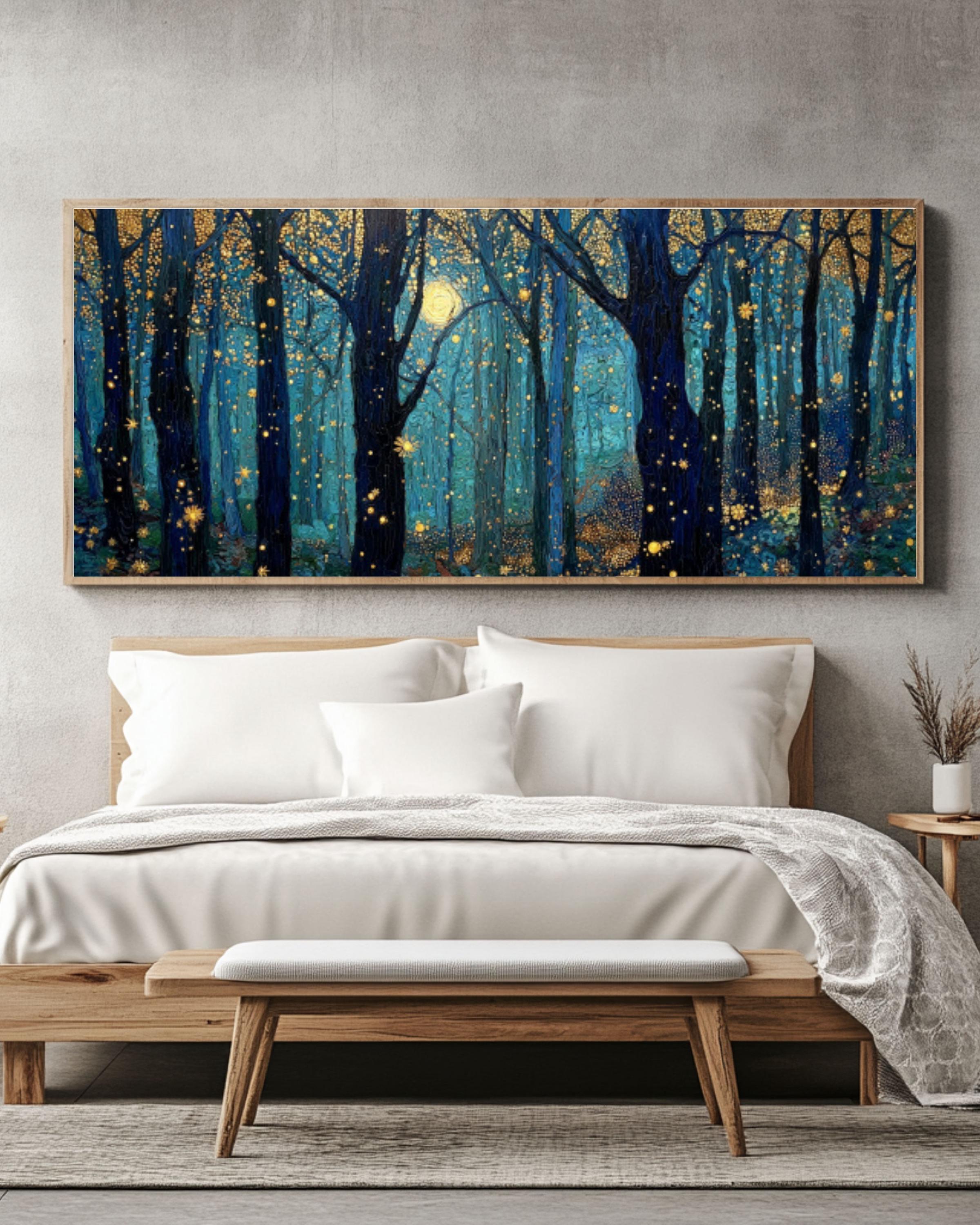 Moonlight Forest Canvas Art: Klimt & Payne Style, Gold Stars Canvas Wall Art – Modern Decor Print