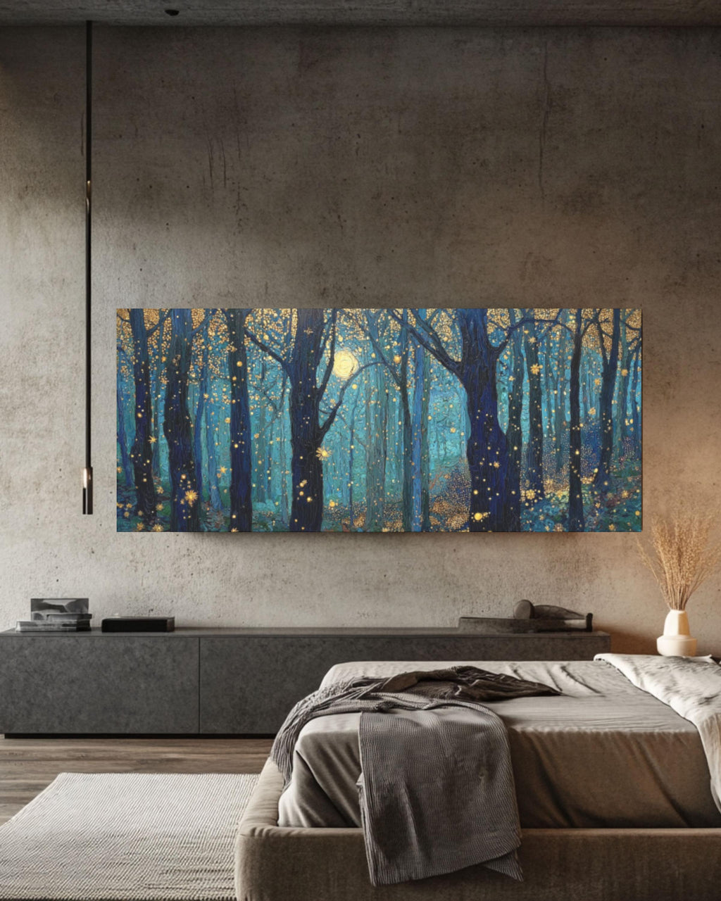 Moonlight Forest Canvas Art: Klimt & Payne Style, Gold Stars Canvas Wall Art – Modern Decor Print