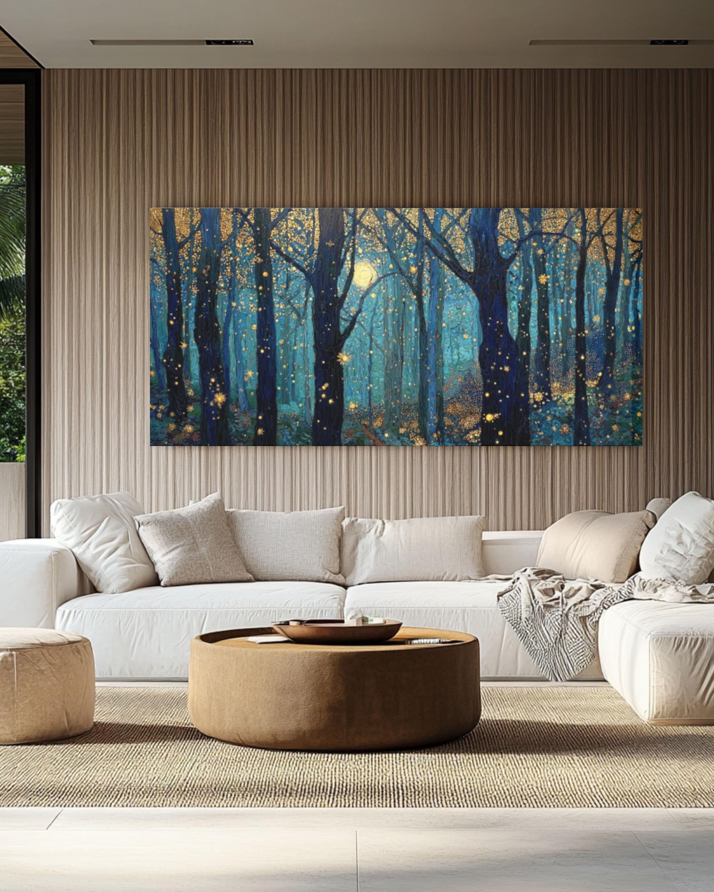 Moonlight Forest Canvas Art: Klimt & Payne Style, Gold Stars Canvas Wall Art – Modern Decor Print