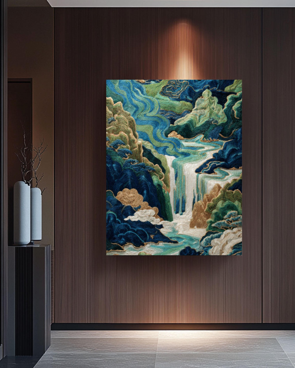 Chinese Embroidery Style Waterfall Art Print: Indigo & Gold Landscape Canvas Wall Art – Modern Decor Print