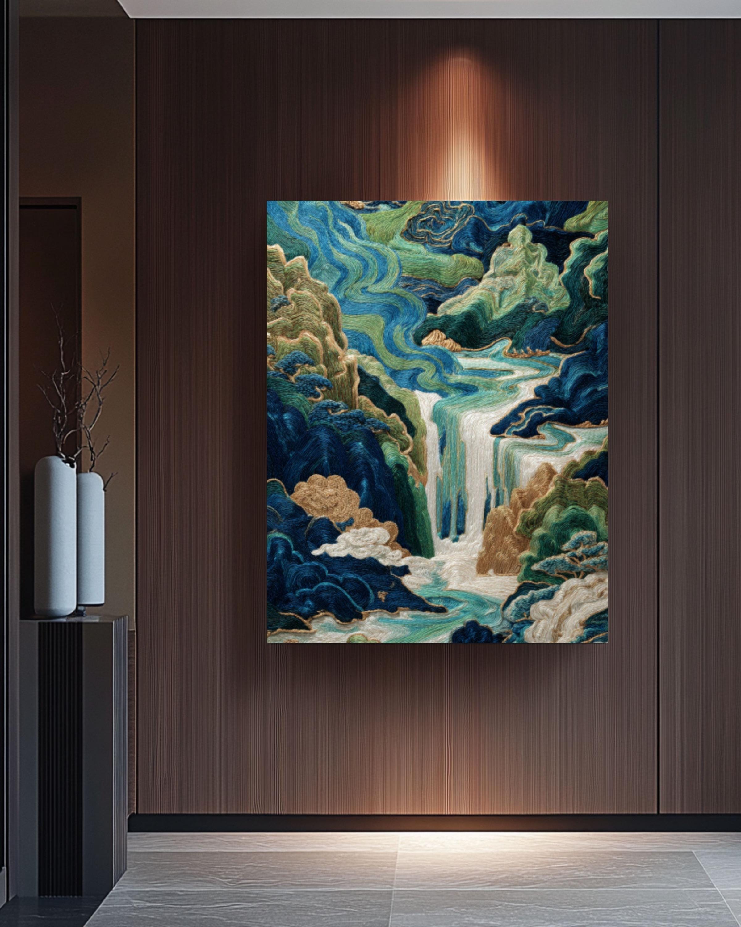 Chinese Embroidery Style Waterfall Art Print: Indigo & Gold Landscape Canvas Wall Art – Modern Decor Print