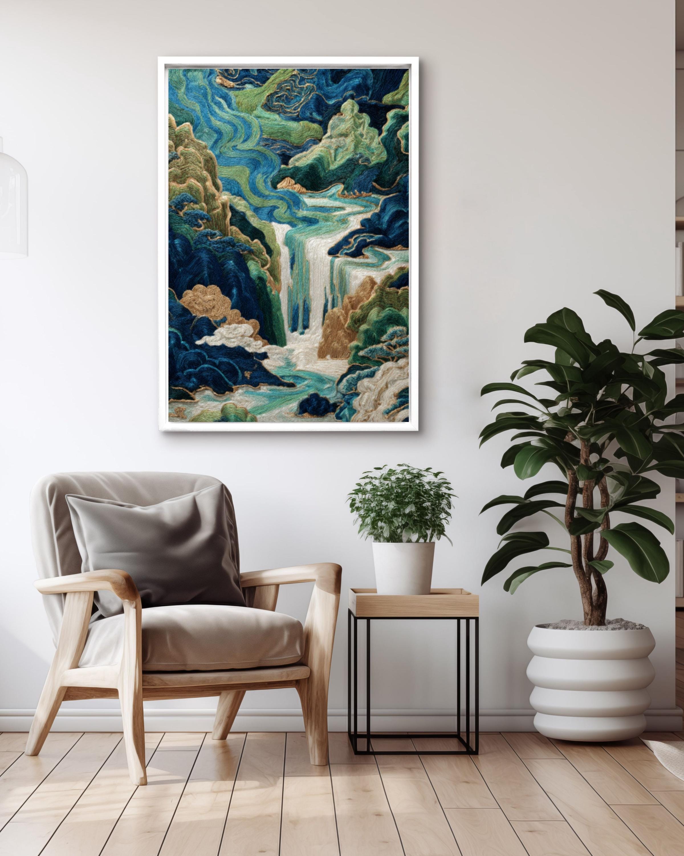Chinese Embroidery Style Waterfall Art Print: Indigo & Gold Landscape Canvas Wall Art – Modern Decor Print