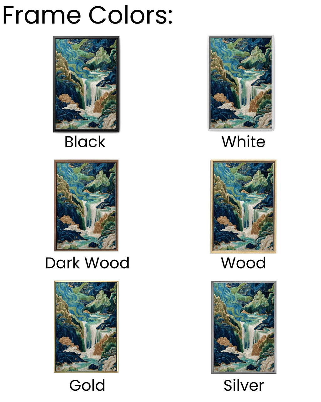Chinese Embroidery Style Waterfall Art Print: Indigo & Gold Landscape Canvas Wall Art – Modern Decor Print