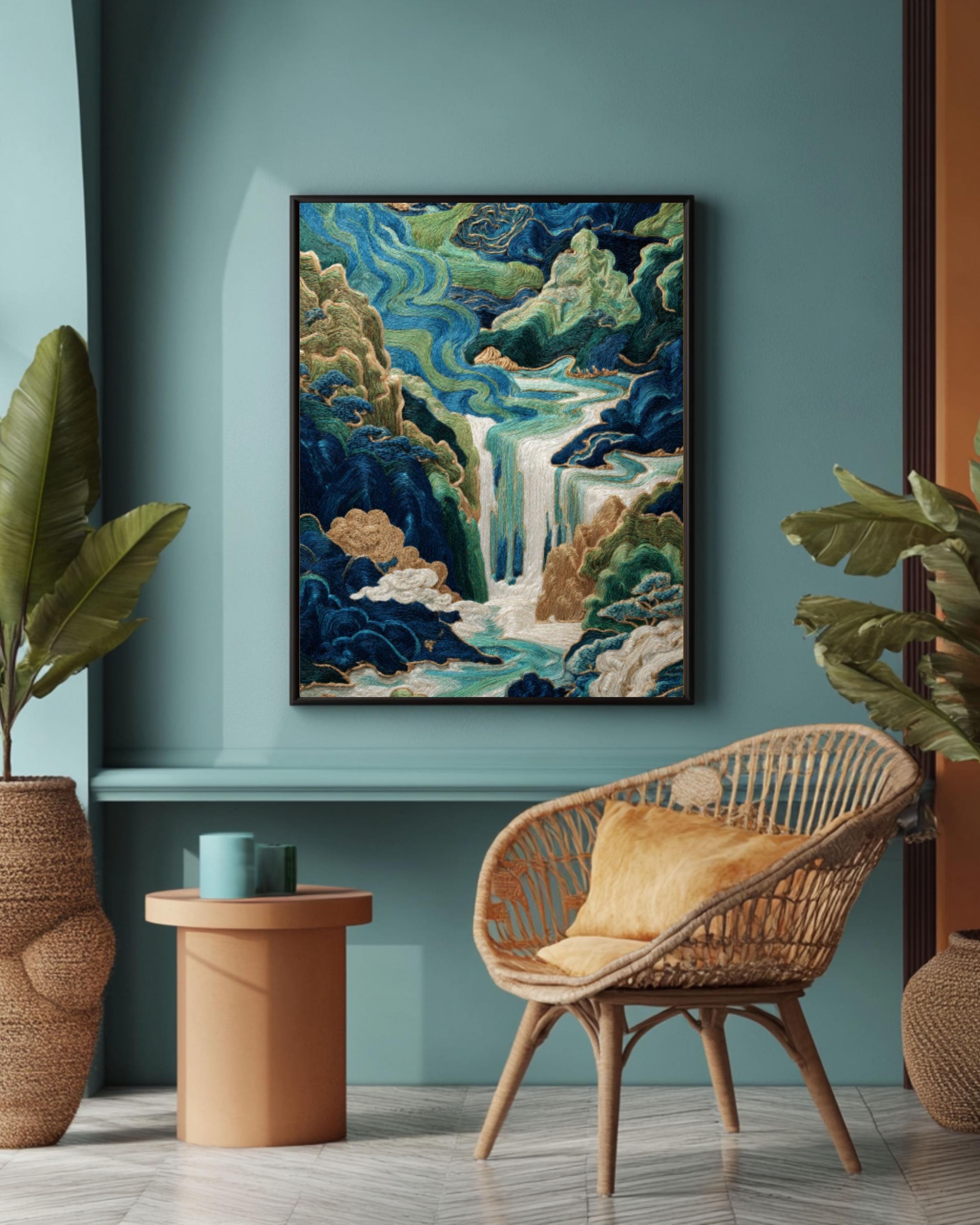 Chinese Embroidery Style Waterfall Art Print: Indigo & Gold Landscape Canvas Wall Art – Modern Decor Print