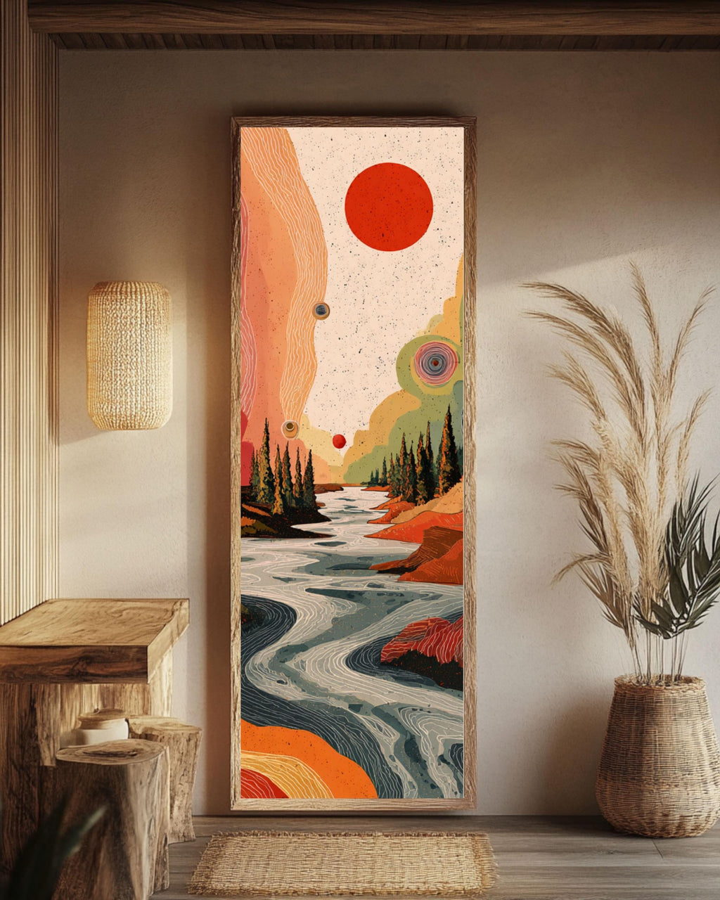 Abstract River & Pine Tree Canvas Art: Red Sun, Black Background Canvas Wall Art – Modern Decor Print