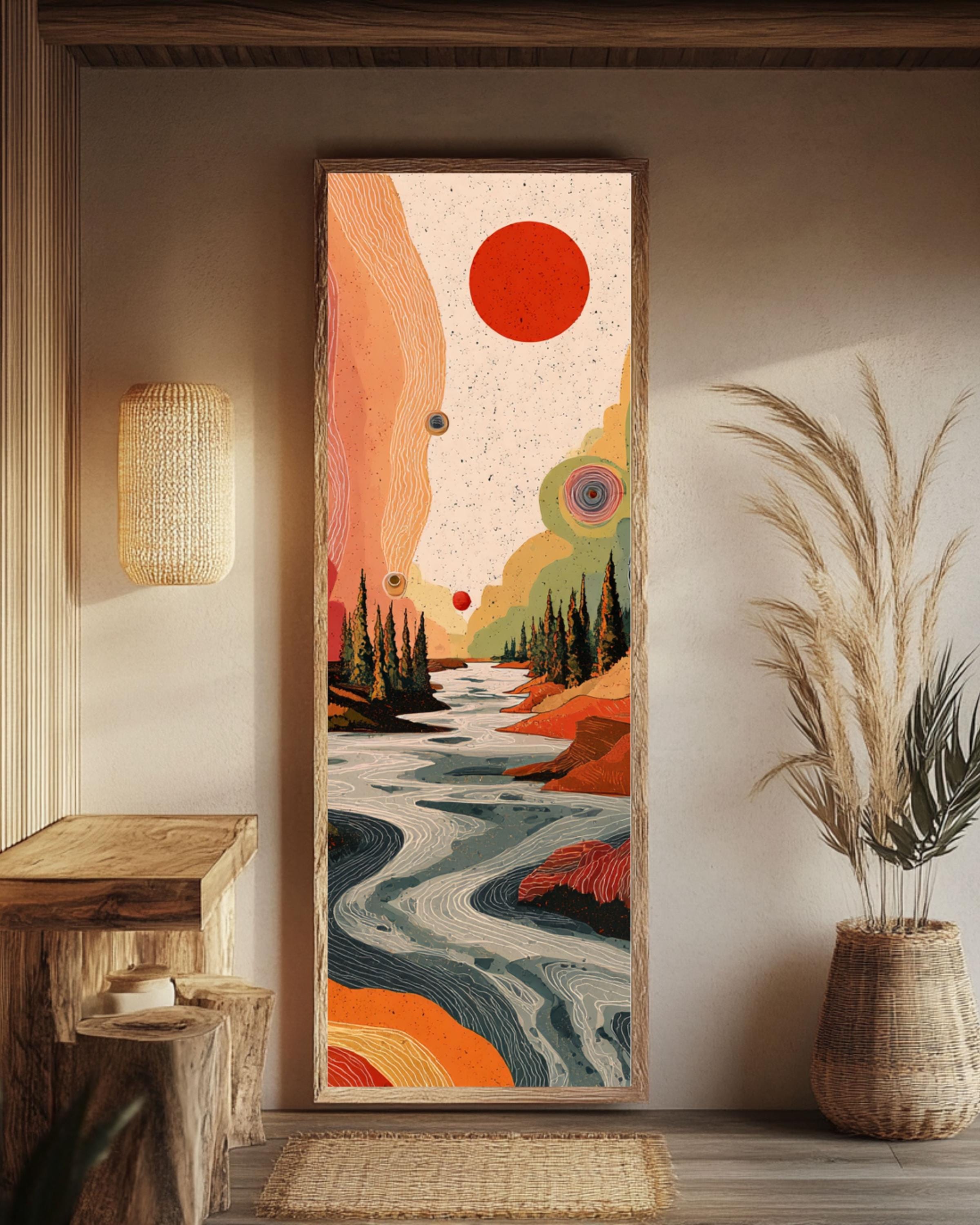 Abstract River & Pine Tree Canvas Art: Red Sun, Black Background Canvas Wall Art – Modern Decor Print