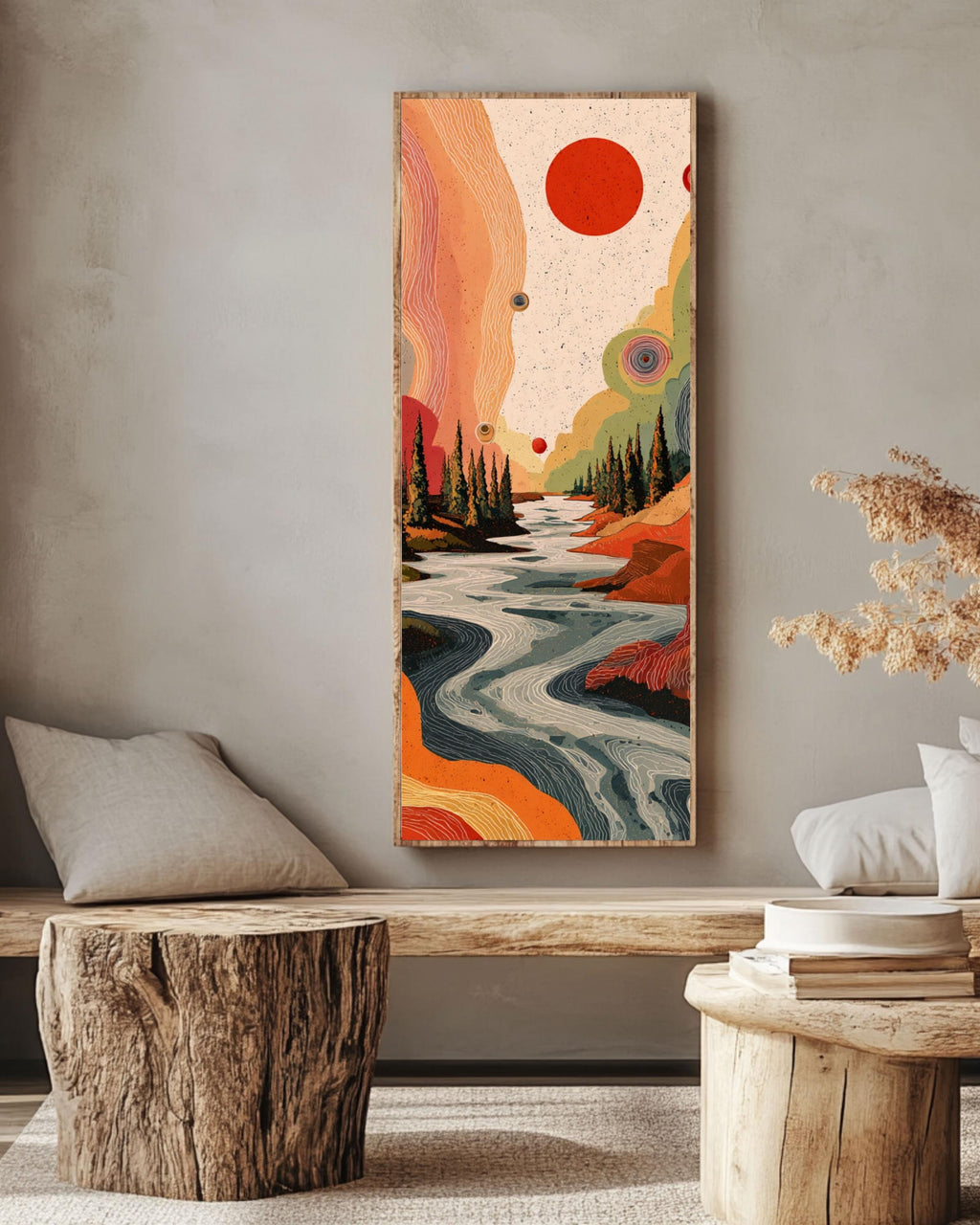Abstract River & Pine Tree Canvas Art: Red Sun, Black Background Canvas Wall Art – Modern Decor Print