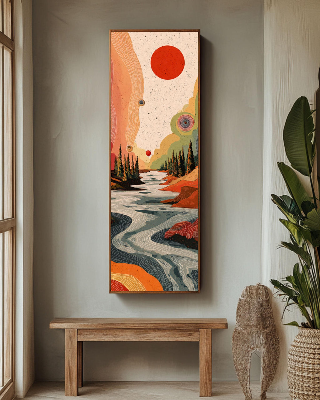 Abstract River & Pine Tree Canvas Art: Red Sun, Black Background Canvas Wall Art – Modern Decor Print