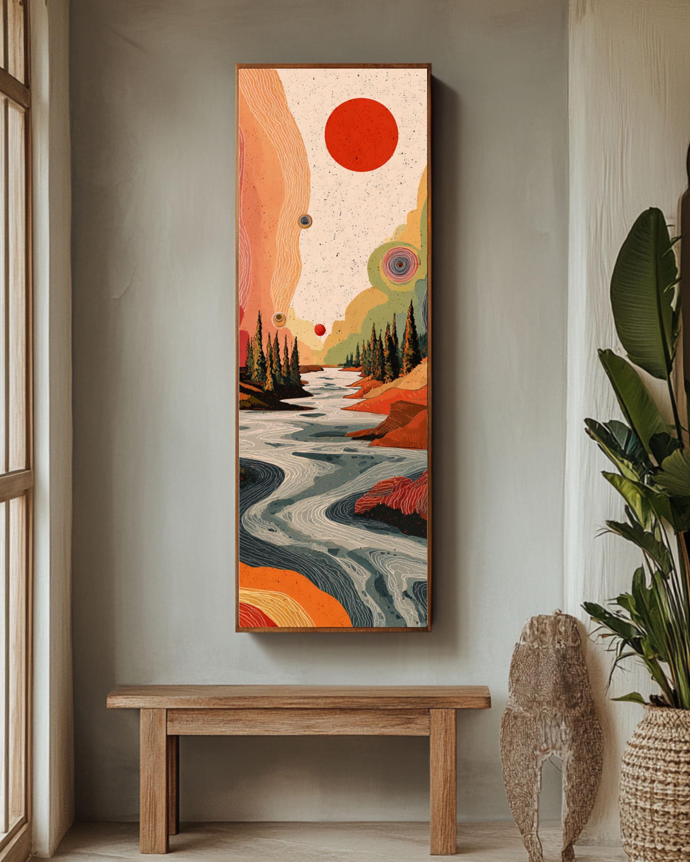 Abstract River & Pine Tree Canvas Art: Red Sun, Black Background Canvas Wall Art – Modern Decor Print