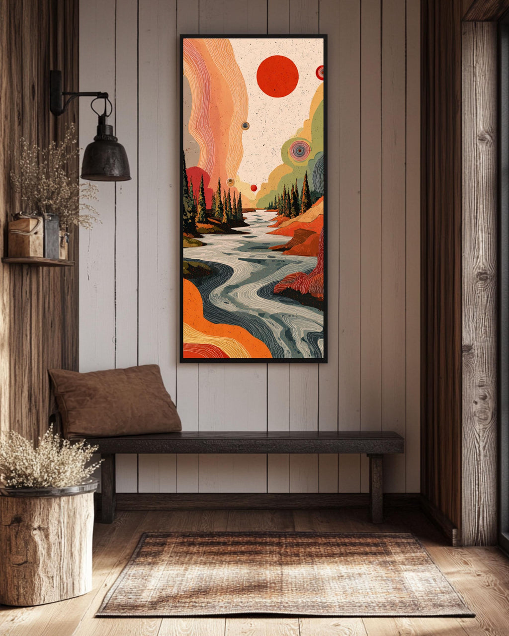 Abstract River & Pine Tree Canvas Art: Red Sun, Black Background Canvas Wall Art – Modern Decor Print