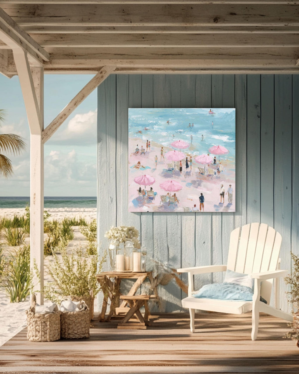 Pastel Beach Art Print: Pink Umbrellas, Maira Kalman Style Canvas Wall Art – Modern Decor Print