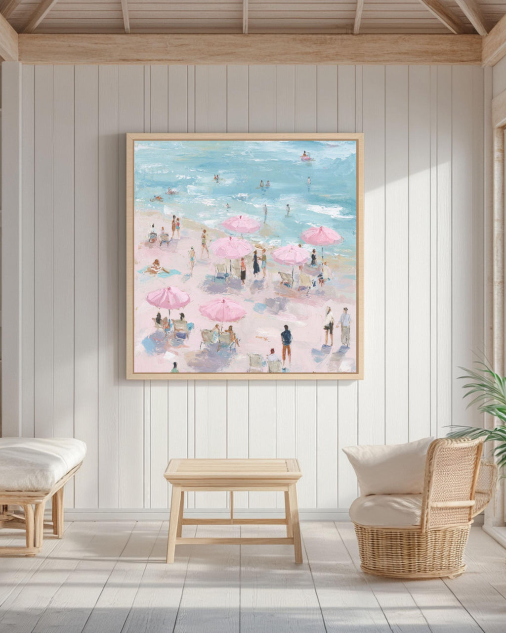Pastel Beach Art Print: Pink Umbrellas, Maira Kalman Style Canvas Wall Art – Modern Decor Print