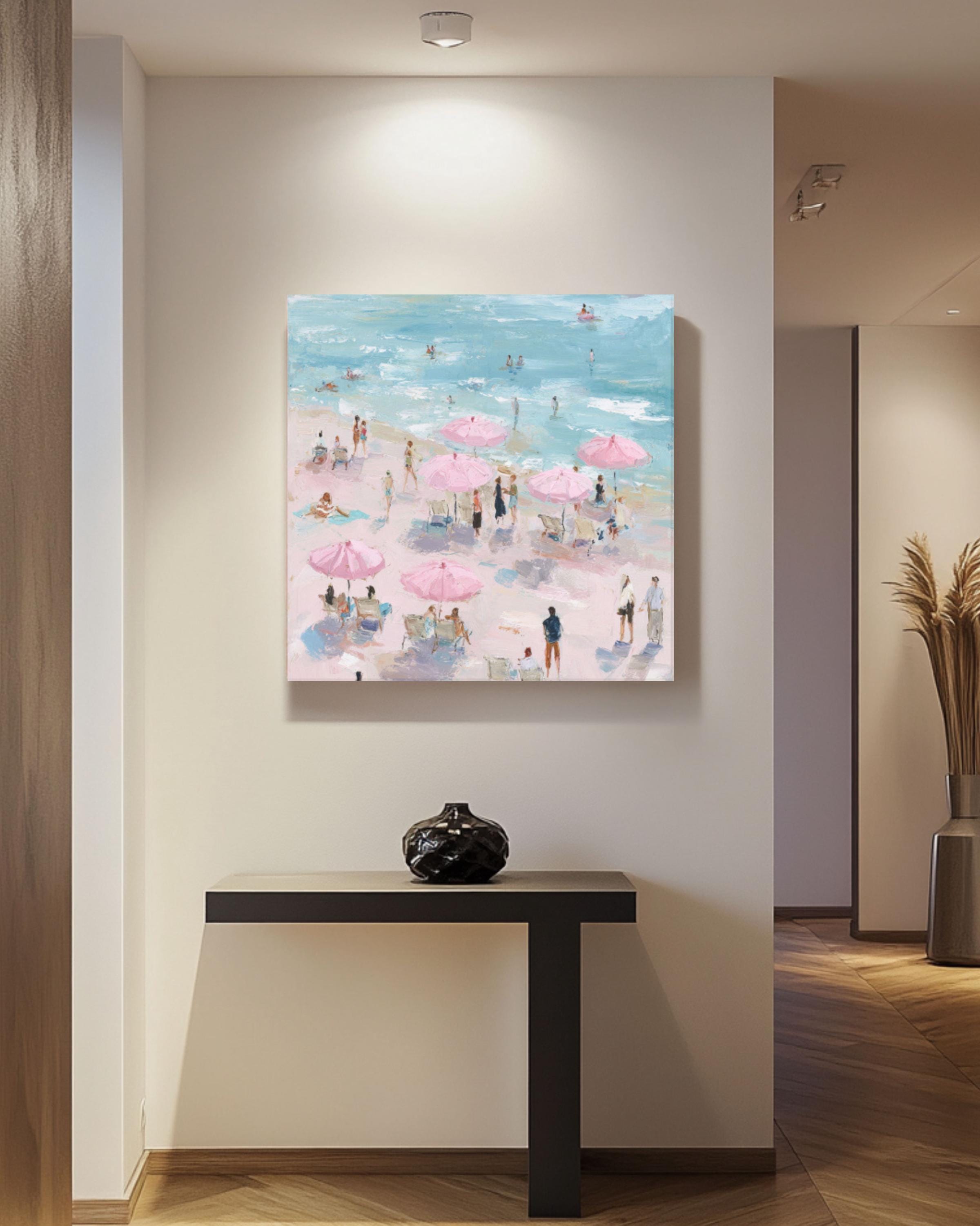 Pastel Beach Art Print: Pink Umbrellas, Maira Kalman Style Canvas Wall Art – Modern Decor Print