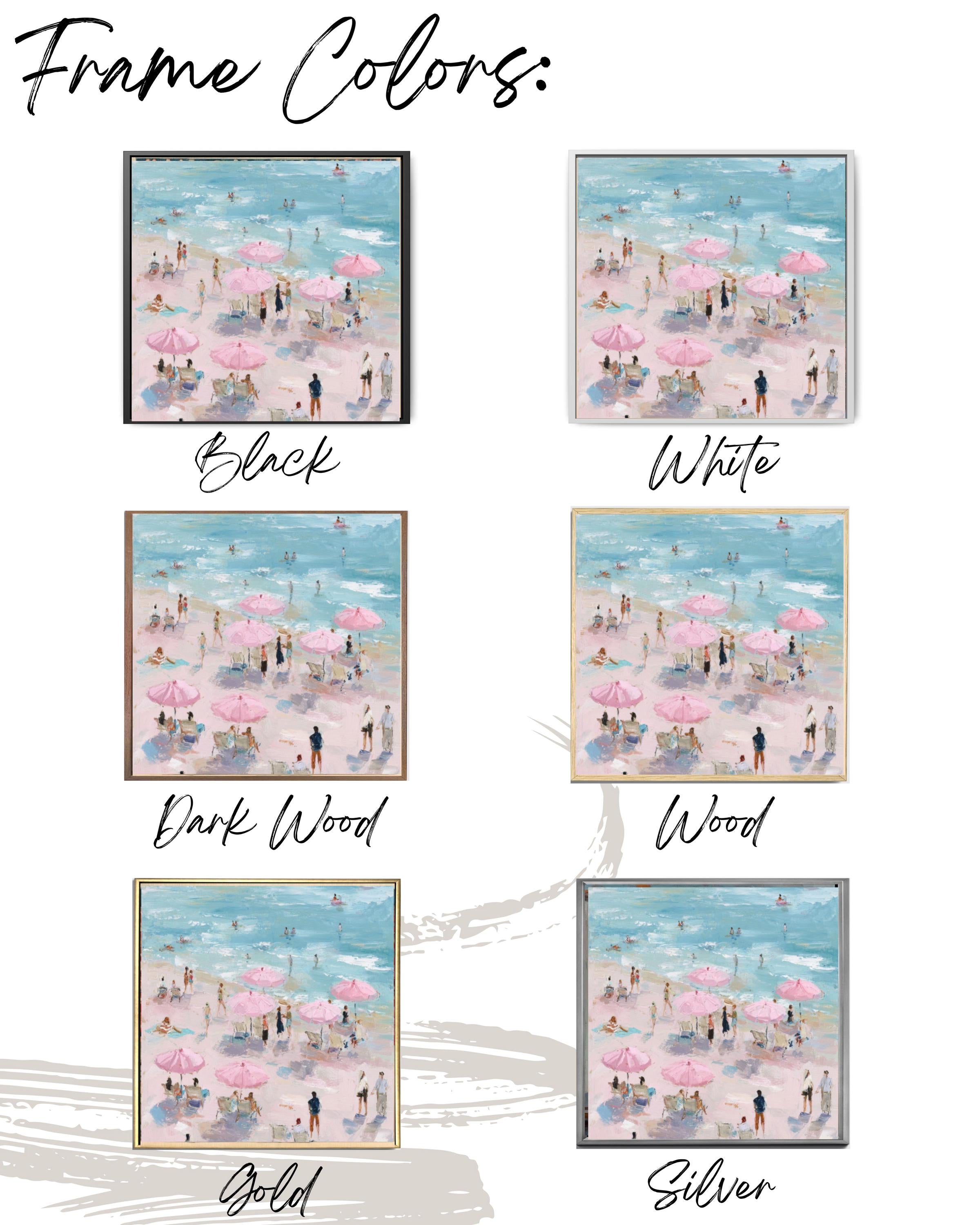 Pastel Beach Art Print: Pink Umbrellas, Maira Kalman Style Canvas Wall Art – Modern Decor Print