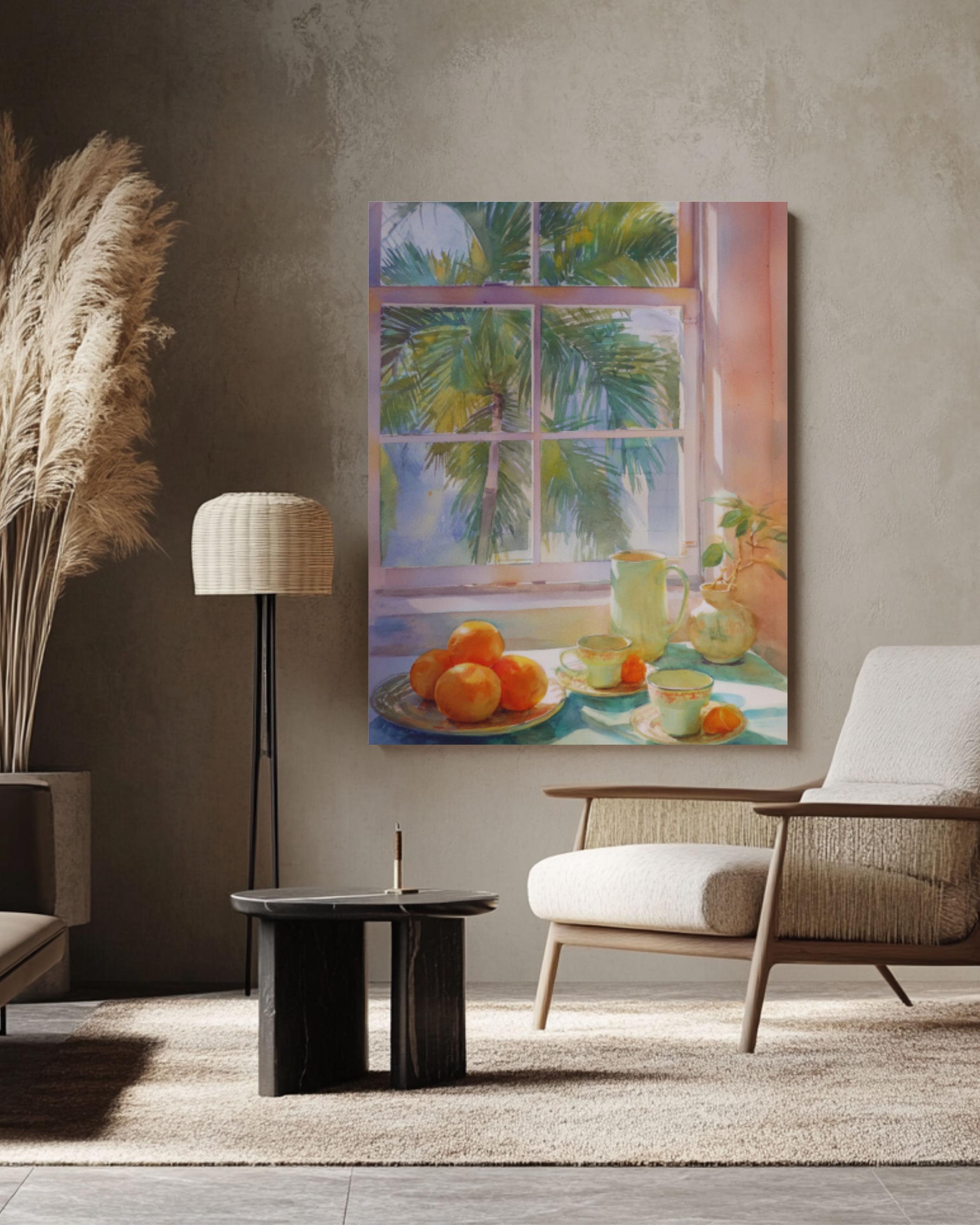 Pastel Kitchen Wall Art | Oranges Teacups & Palm Tree Window Print
