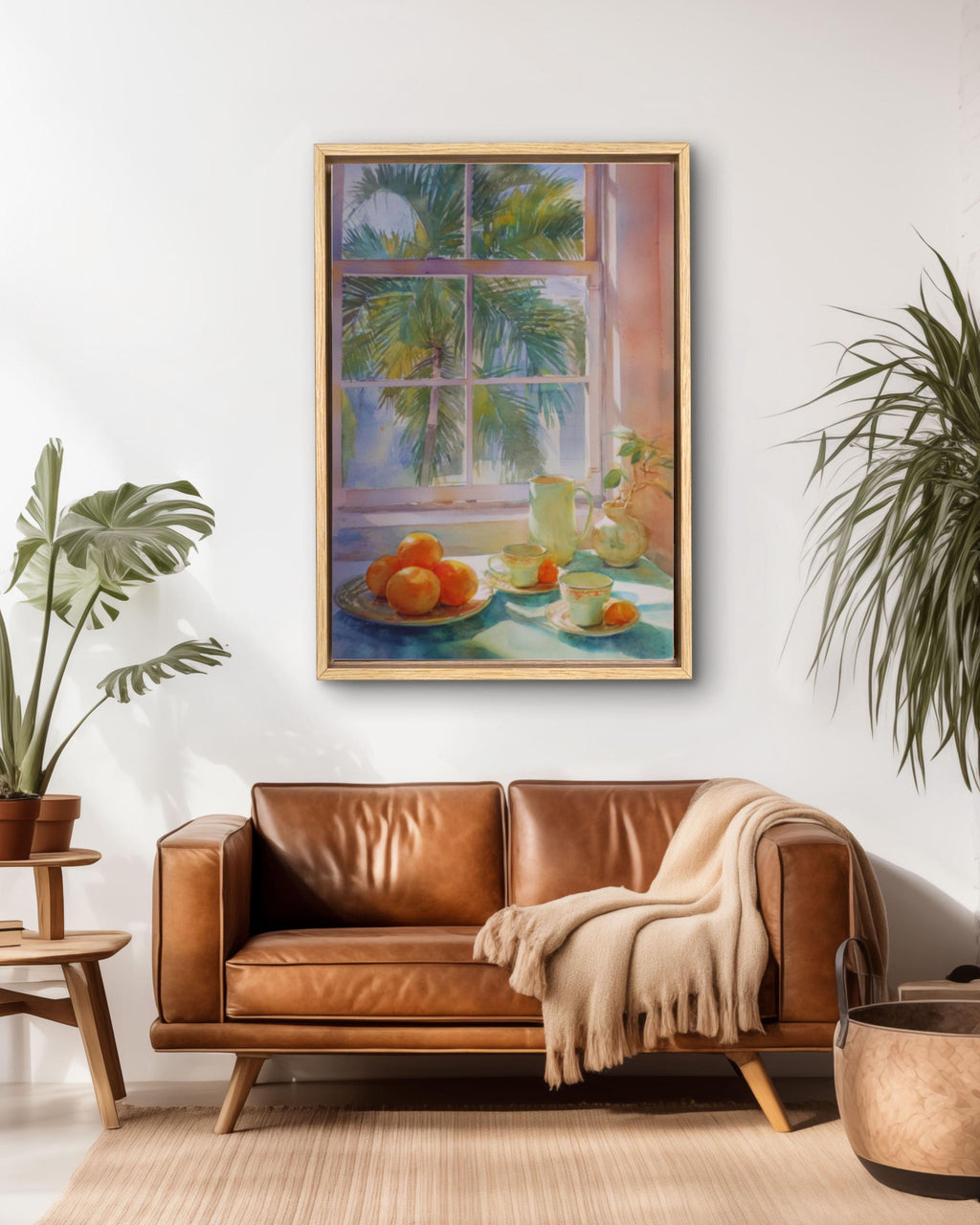 Pastel Kitchen Wall Art | Oranges Teacups & Palm Tree Window Print
