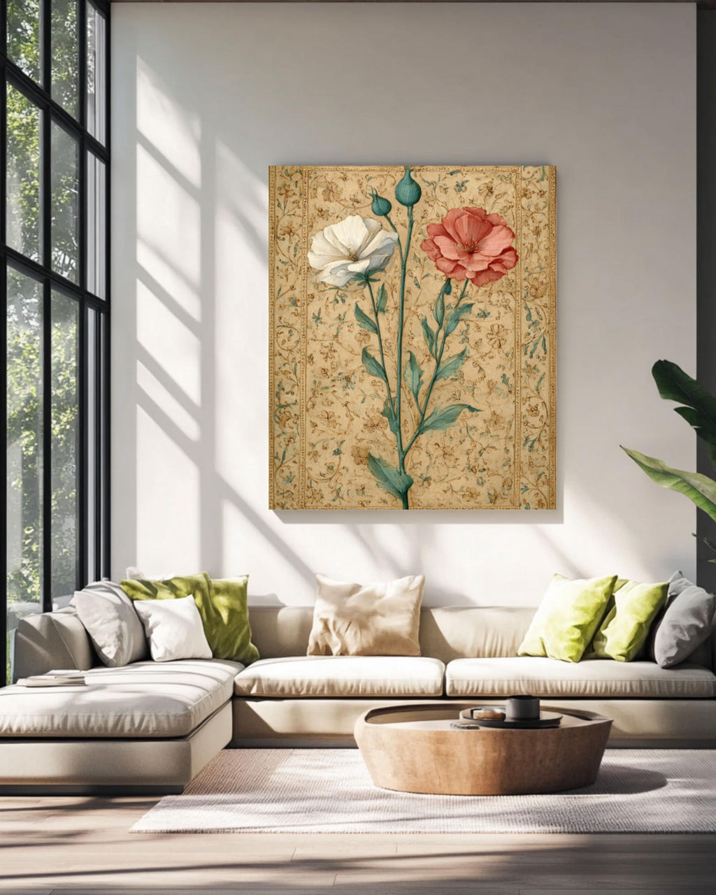 Renaissance Floral Art Print: Illuminated Manuscript Style Canvas Wall Art – Modern Decor Print