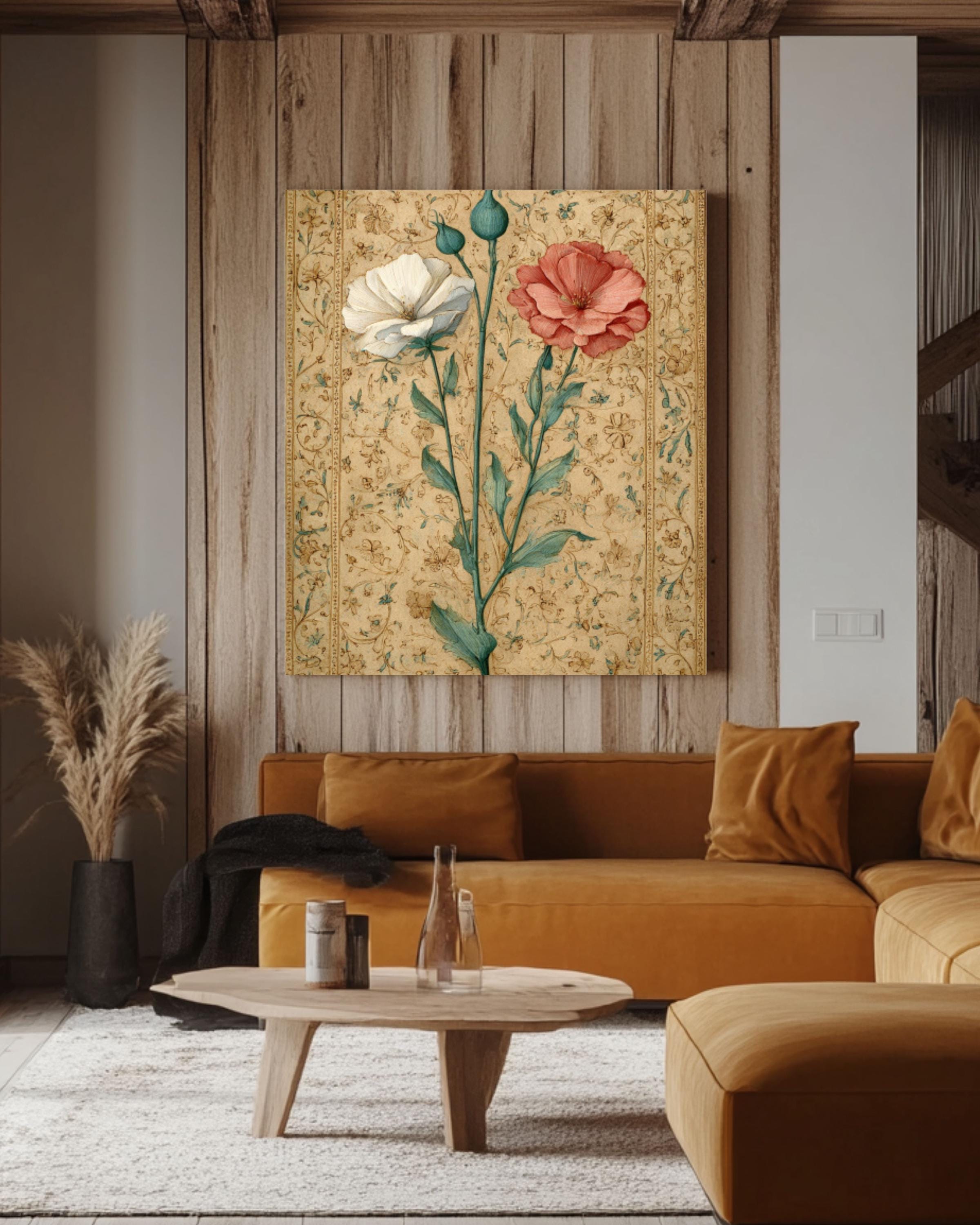 Renaissance Floral Art Print: Illuminated Manuscript Style Canvas Wall Art – Modern Decor Print