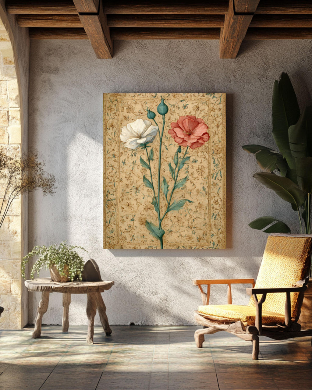 Renaissance Floral Art Print: Illuminated Manuscript Style Canvas Wall Art – Modern Decor Print