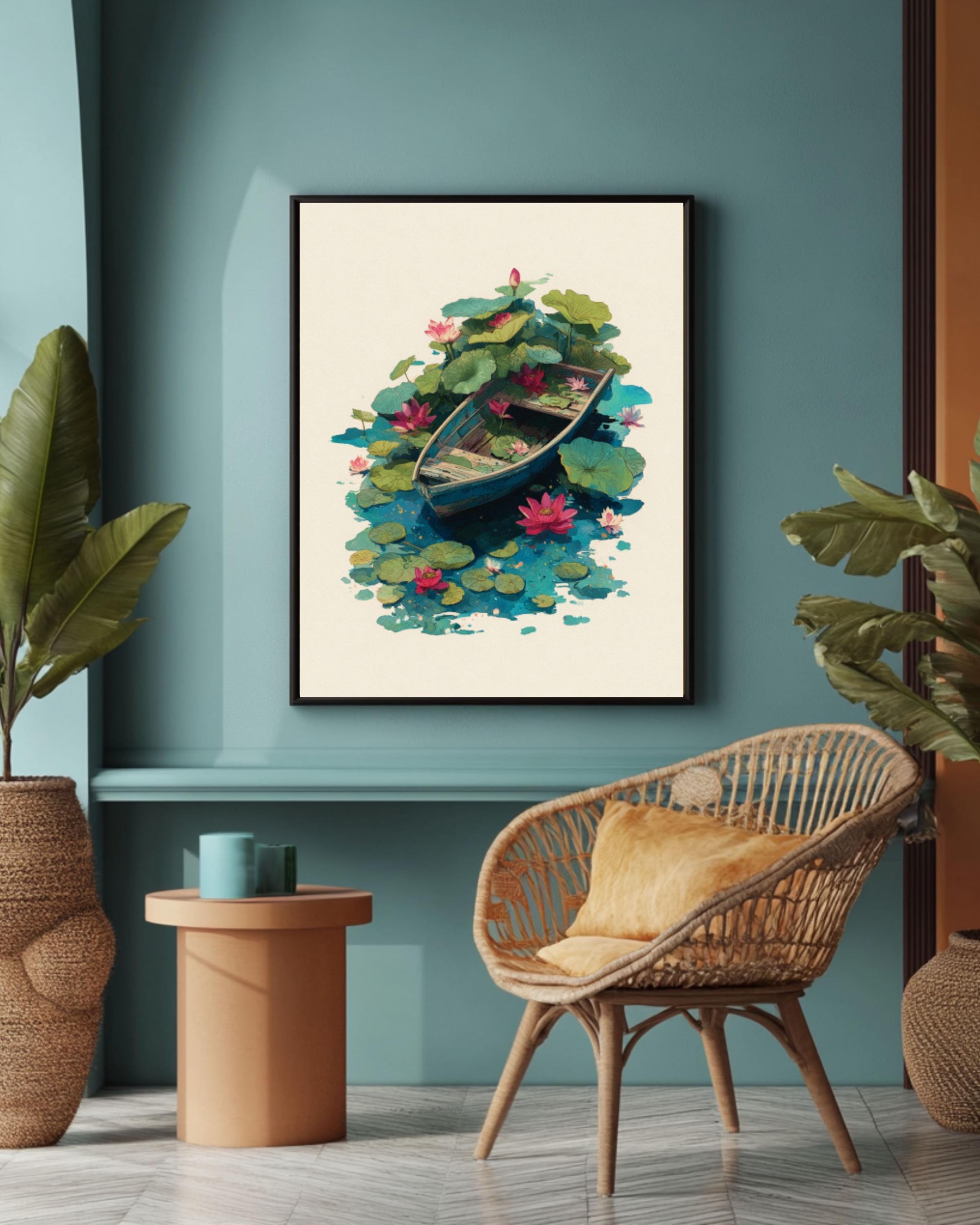 Lotus Flower Boat Wall Art | Minimalist Oil & Watercolor Canvas Print