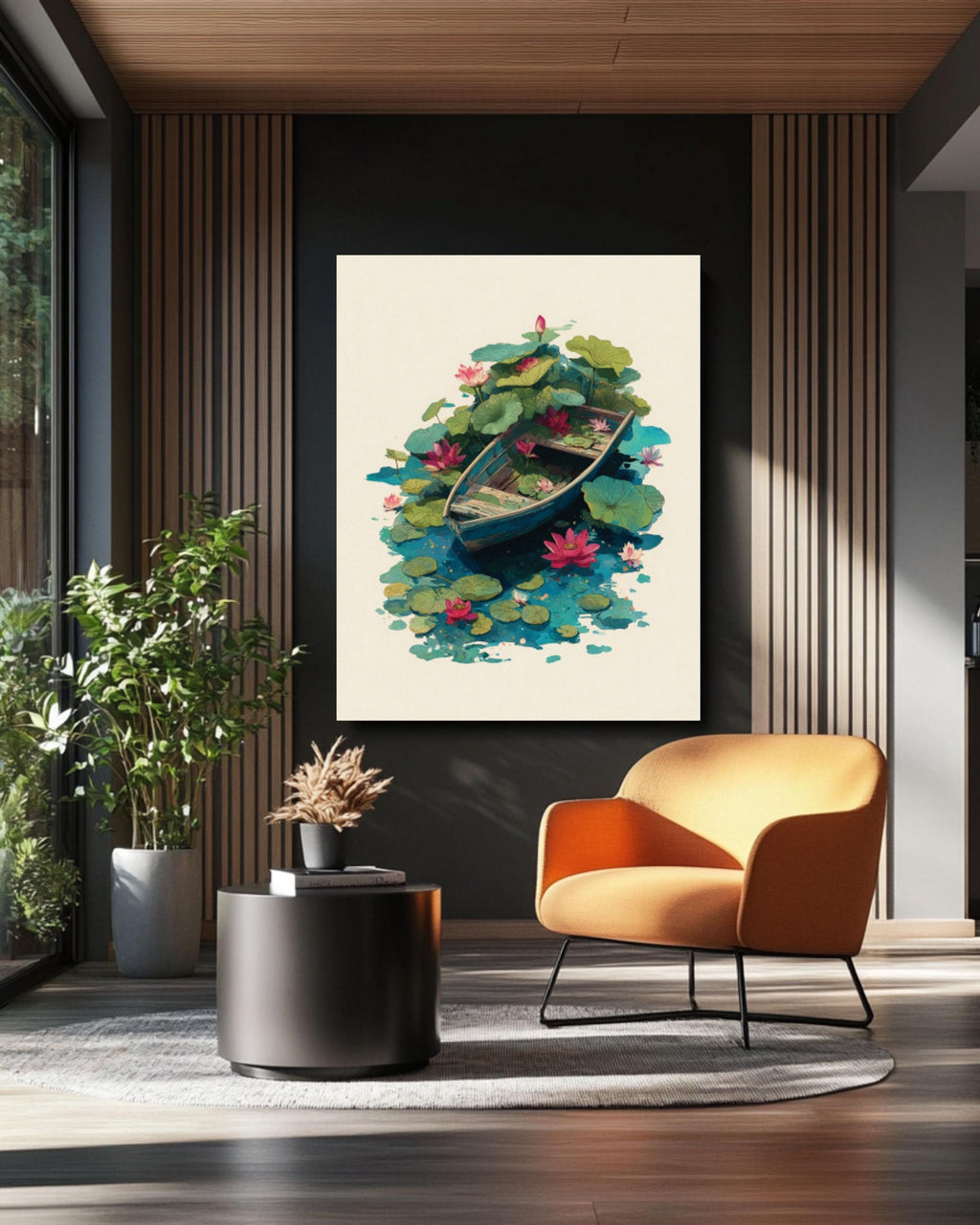 Lotus Flower Boat Wall Art | Minimalist Oil & Watercolor Canvas Print