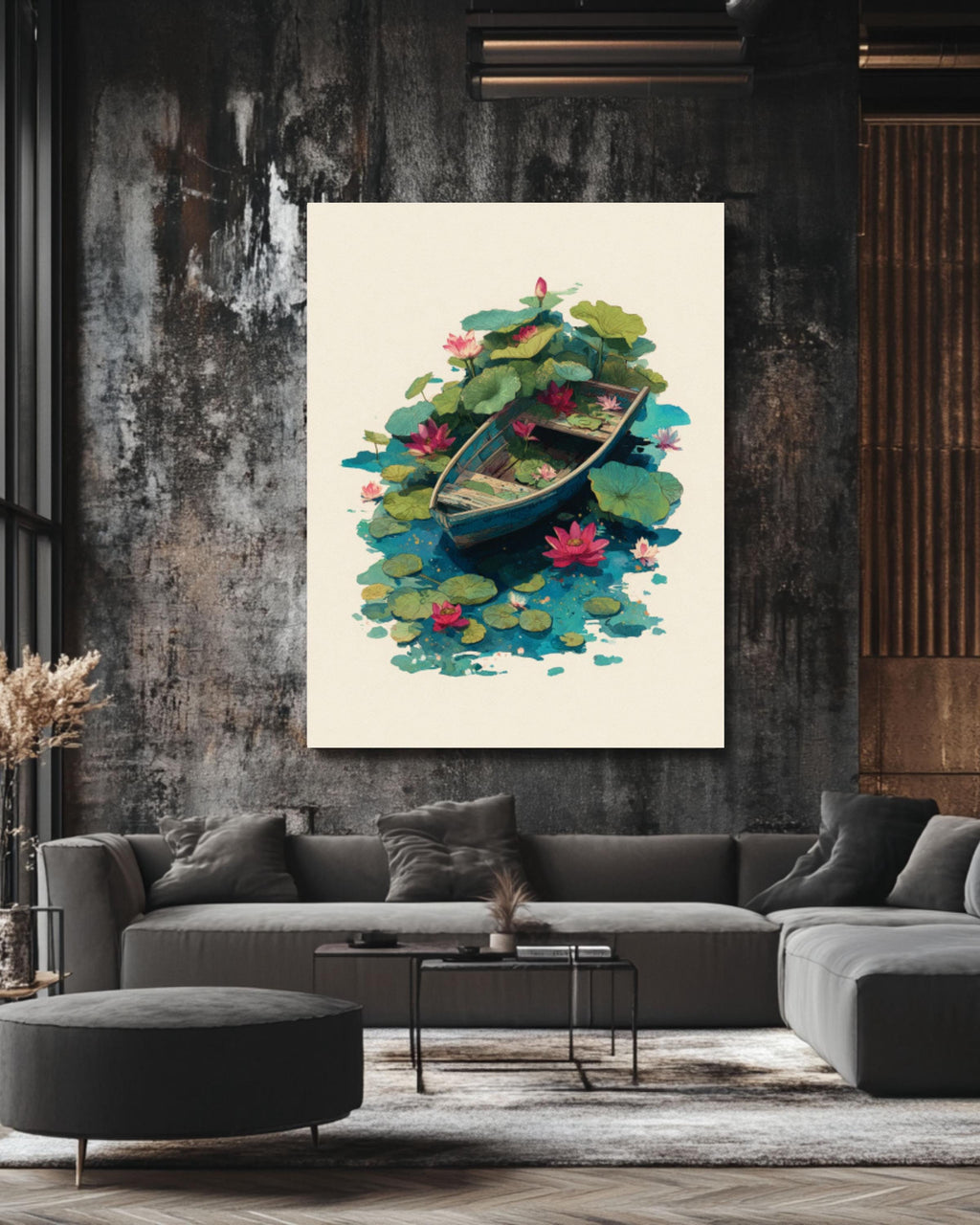 Lotus Flower Boat Wall Art | Minimalist Oil & Watercolor Canvas Print
