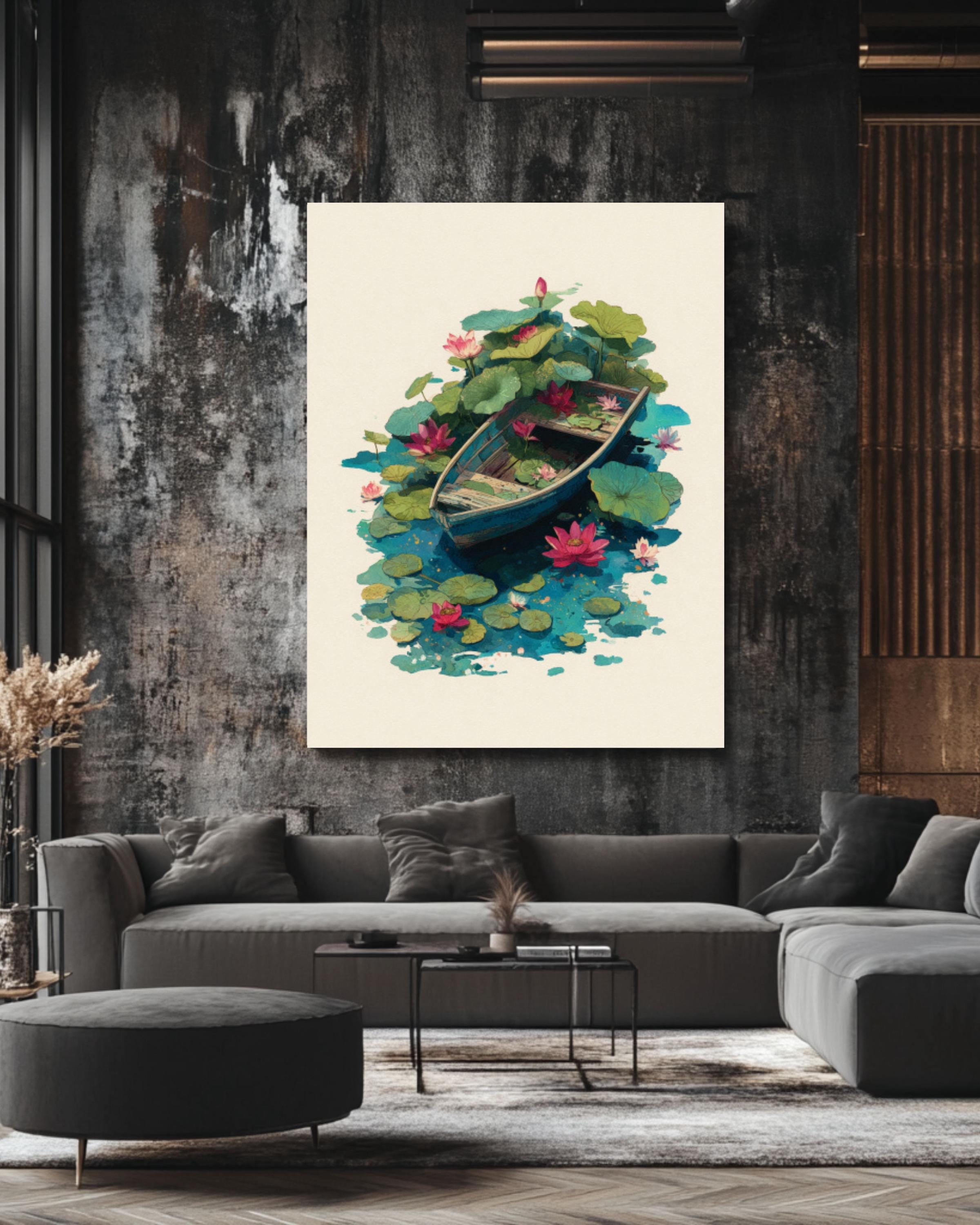 Lotus Flower Boat Wall Art | Minimalist Oil & Watercolor Canvas Print