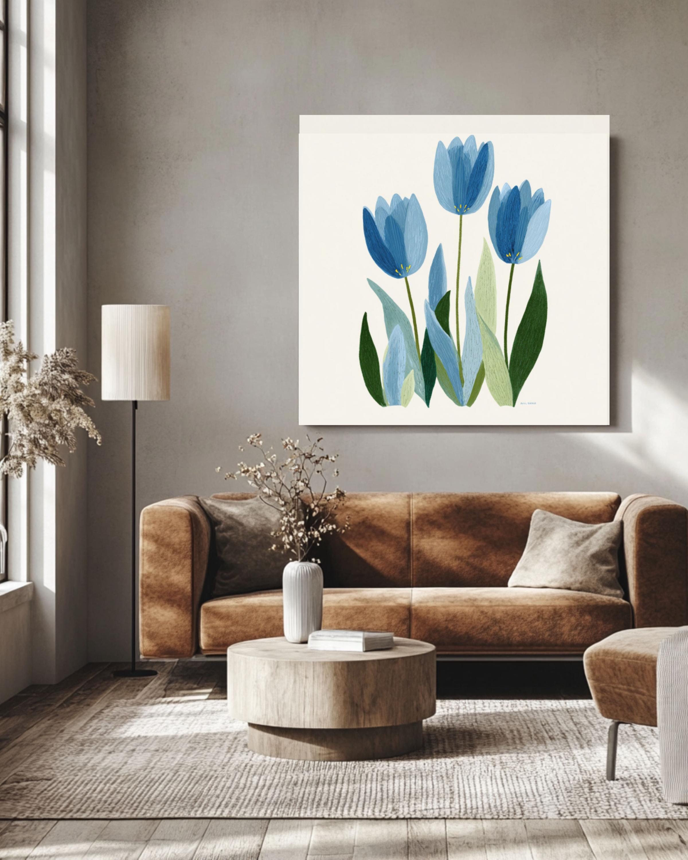 Blue Tulips Botanical Wall Art | Painterly Floral Canvas Print