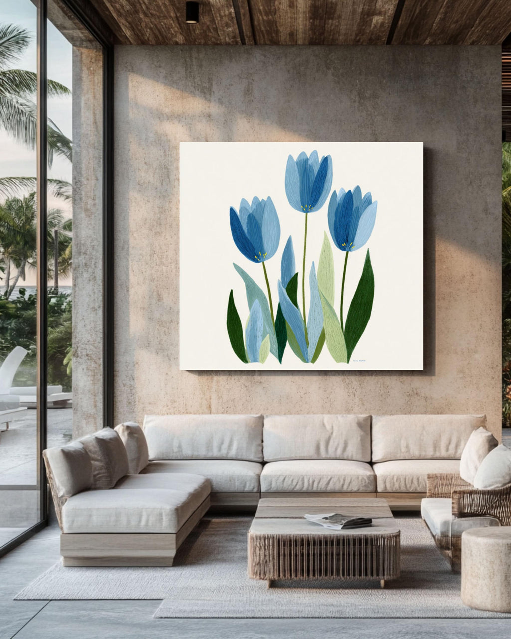 Blue Tulips Botanical Wall Art | Painterly Floral Canvas Print