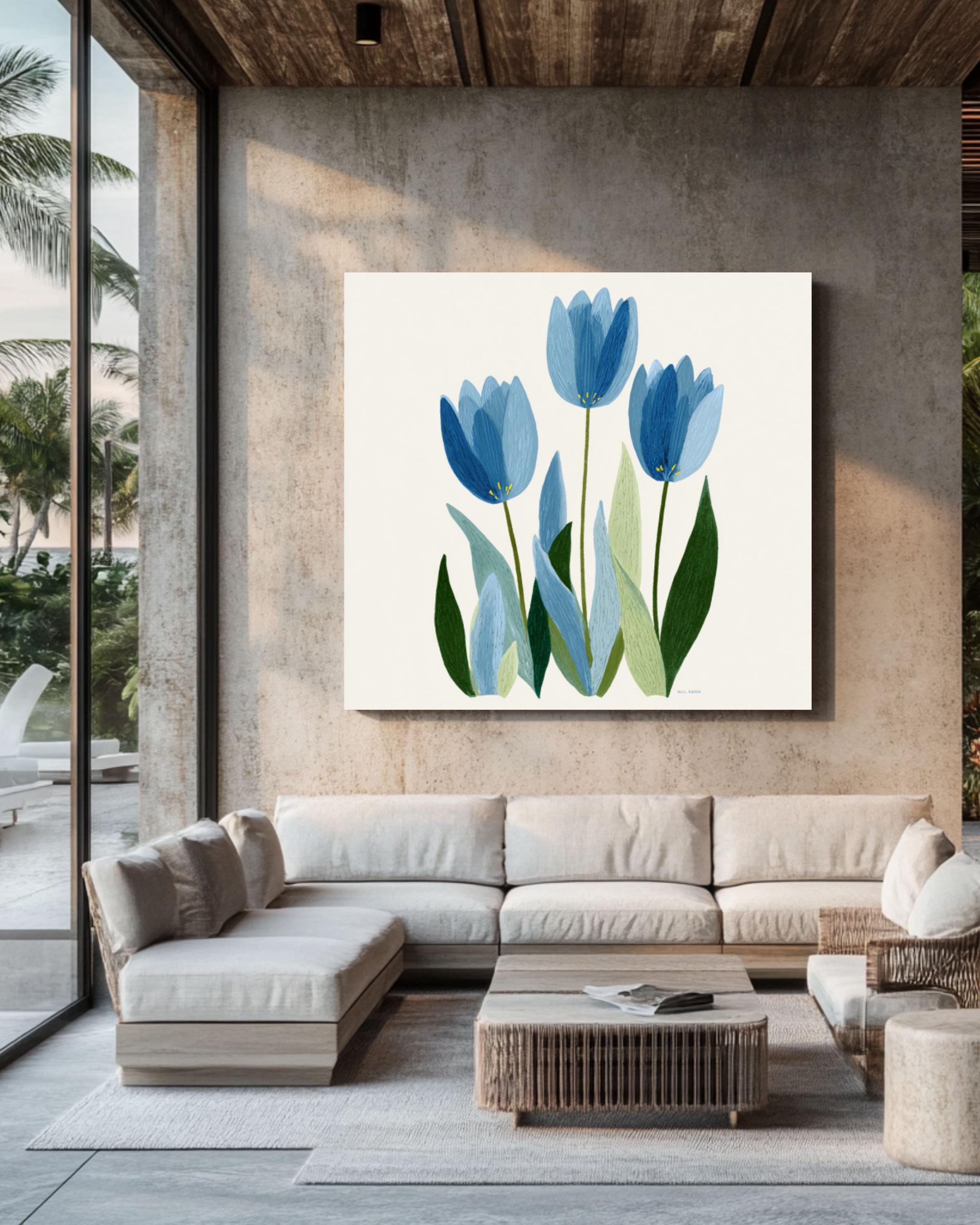 Blue Tulips Botanical Wall Art | Painterly Floral Canvas Print
