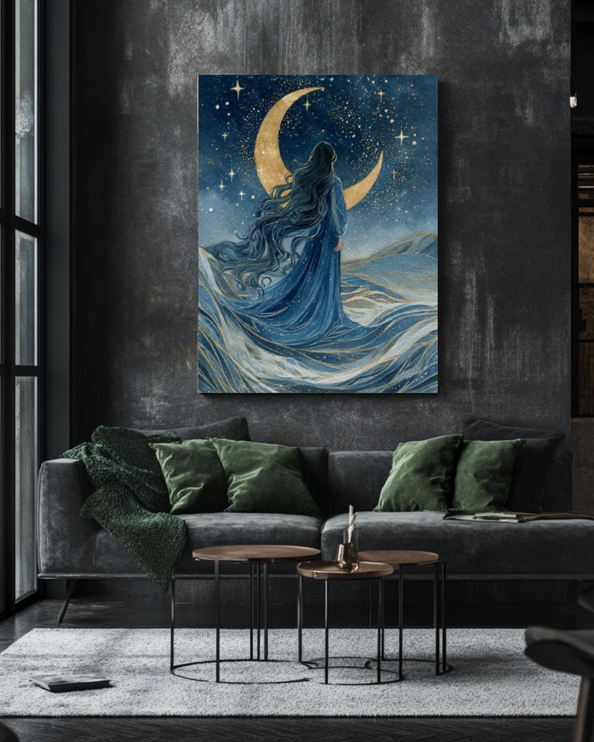 Moon Goddess Watercolor Art: Mystical Ocean Night Sky Canvas or Poster Canvas Wall Art – Modern Decor Print