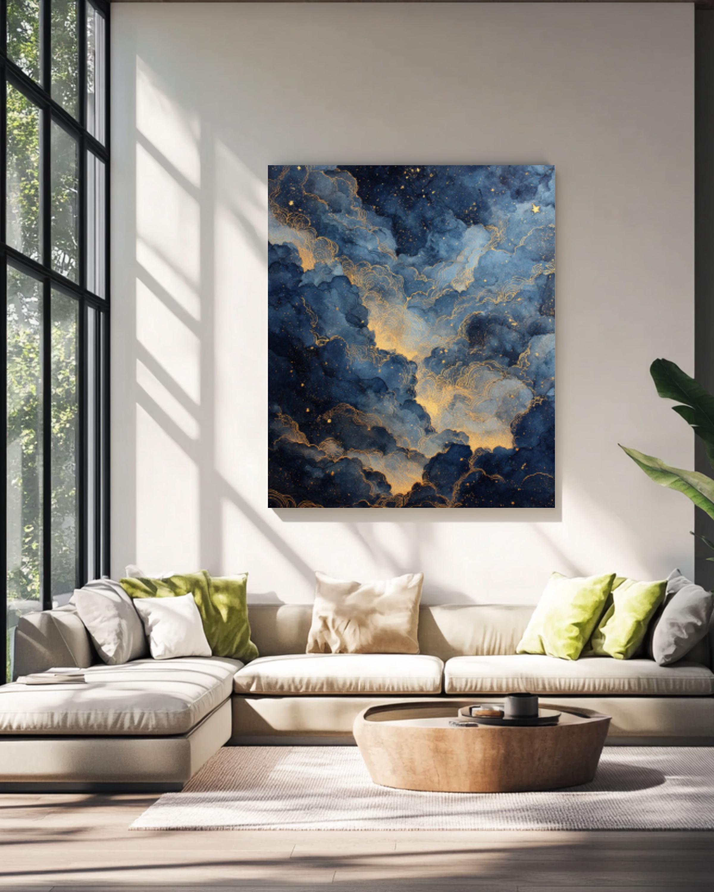 Ethereal Night Sky Watercolor Print: Gold Dust Stars, Celestial Wall Art Canvas Wall Art – Modern Decor Print