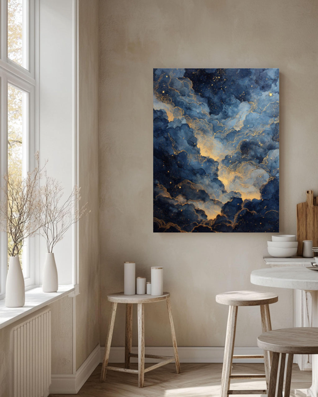 Ethereal Night Sky Watercolor Print: Gold Dust Stars, Celestial Wall Art Canvas Wall Art – Modern Decor Print