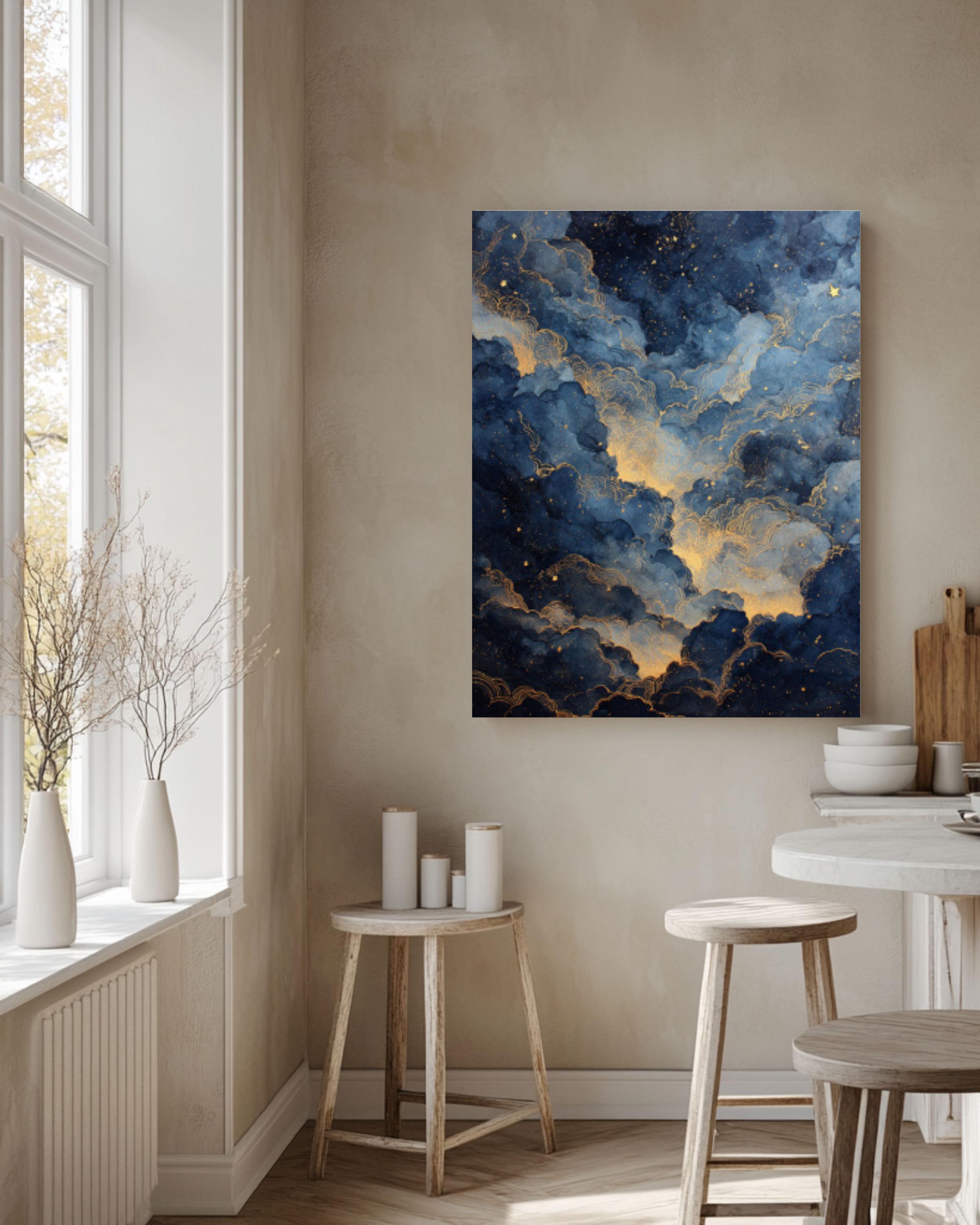 Ethereal Night Sky Watercolor Print: Gold Dust Stars, Celestial Wall Art Canvas Wall Art – Modern Decor Print