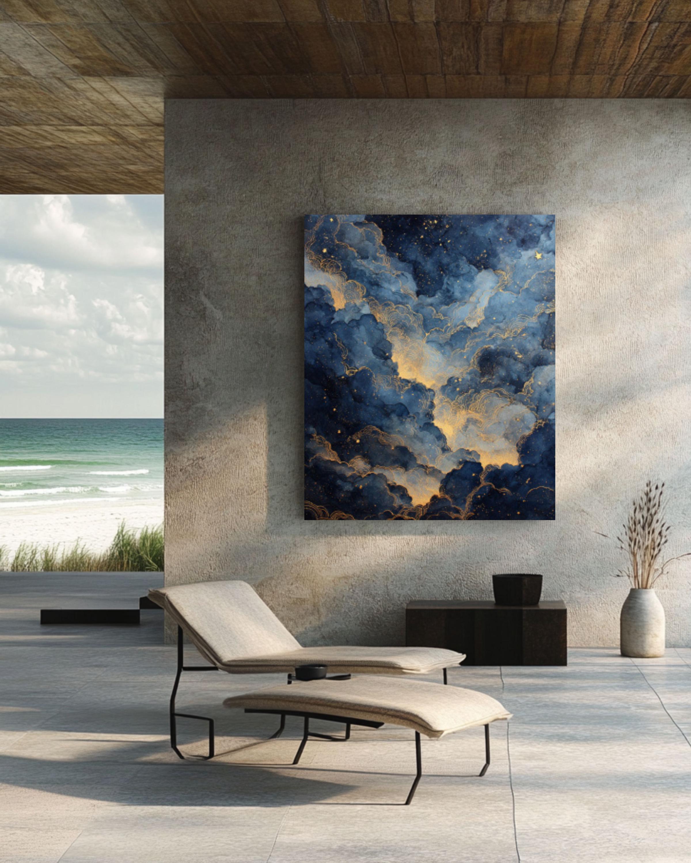 Ethereal Night Sky Watercolor Print: Gold Dust Stars, Celestial Wall Art Canvas Wall Art – Modern Decor Print