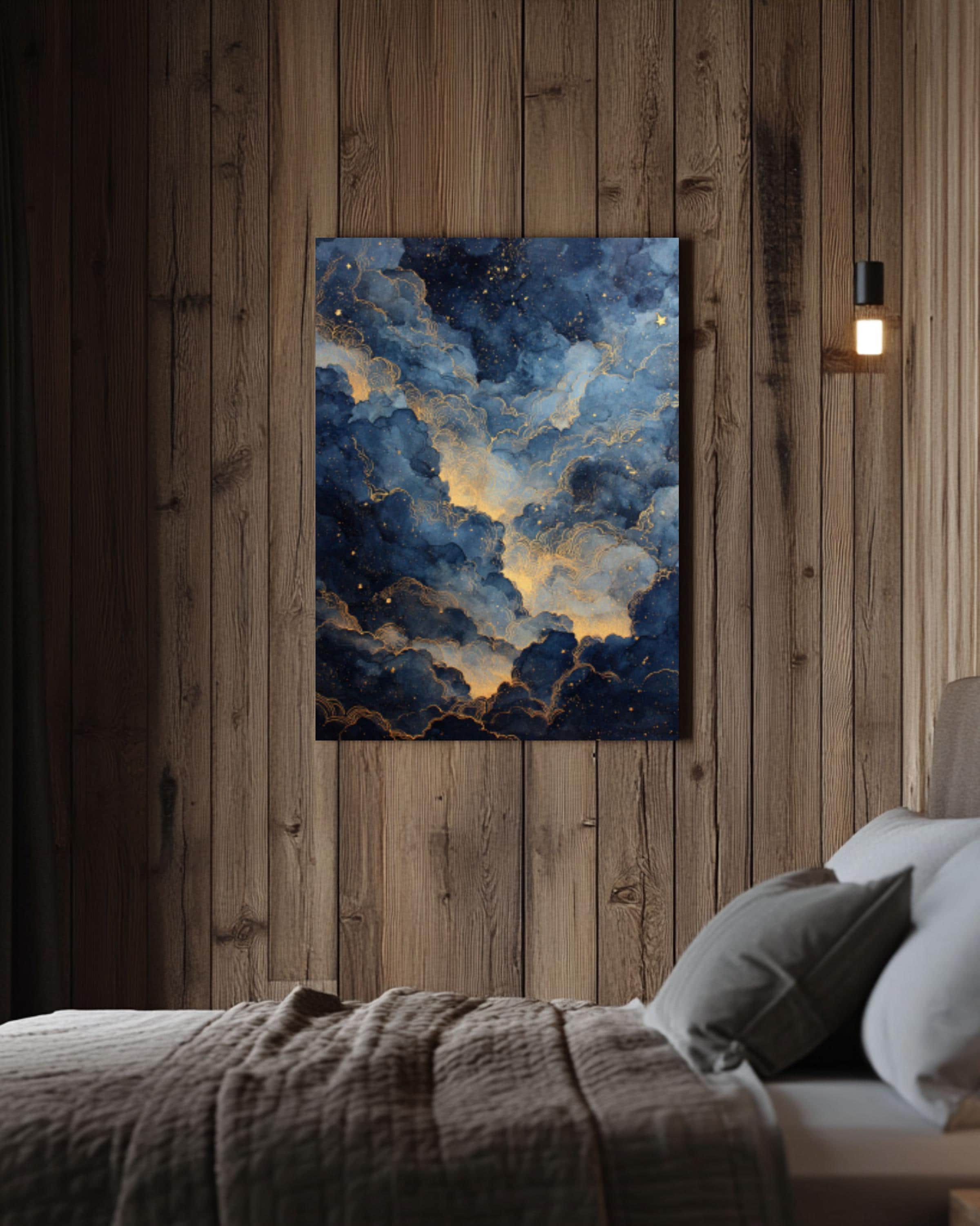 Ethereal Night Sky Watercolor Print: Gold Dust Stars, Celestial Wall Art Canvas Wall Art – Modern Decor Print