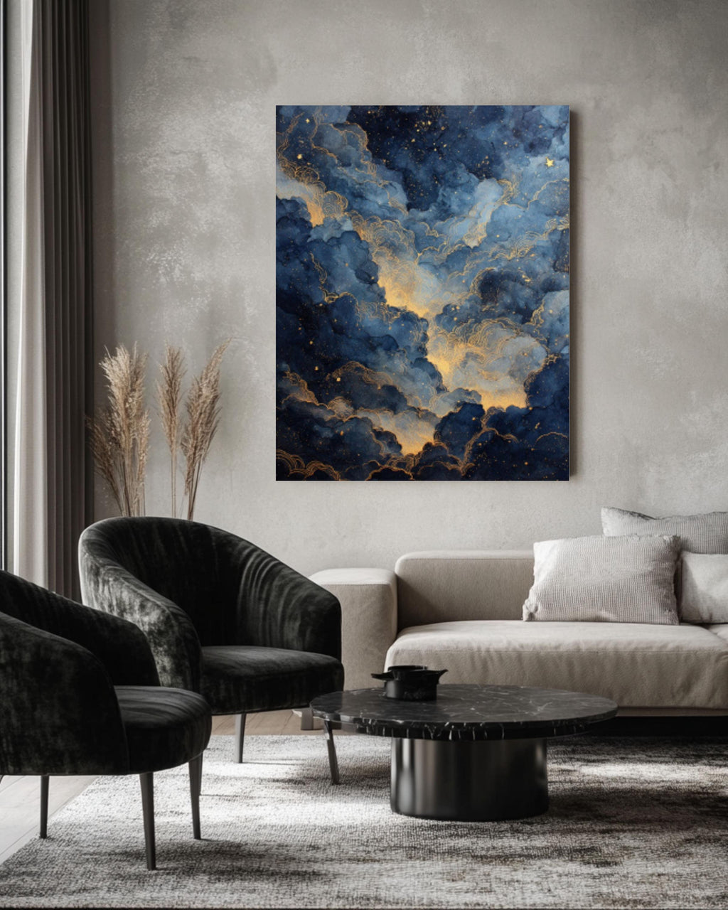 Ethereal Night Sky Watercolor Print: Gold Dust Stars, Celestial Wall Art Canvas Wall Art – Modern Decor Print