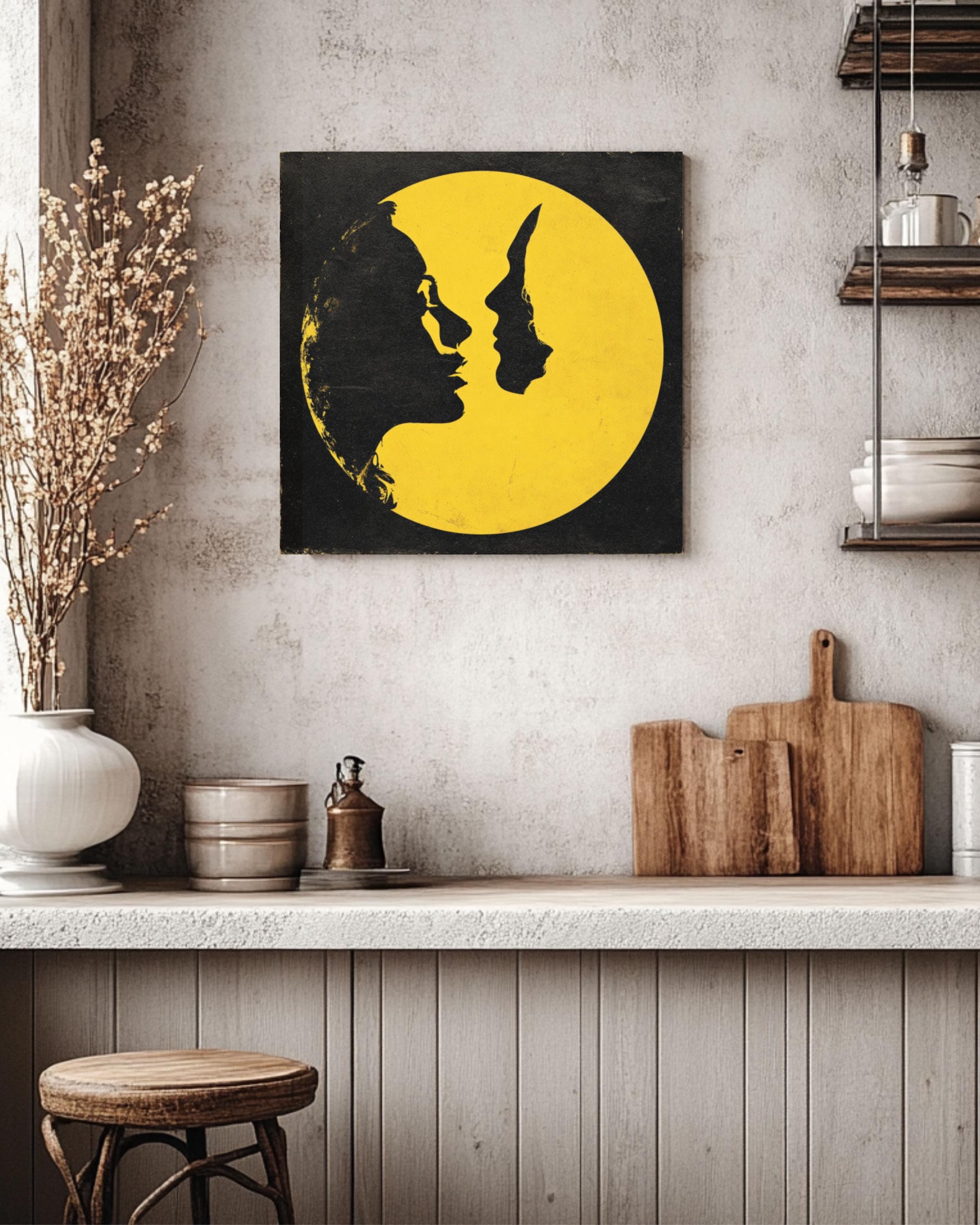 Surreal Moon Lovers Art Print: John Harris Style Celestial Kiss Canvas Wall Art – Modern Decor Print