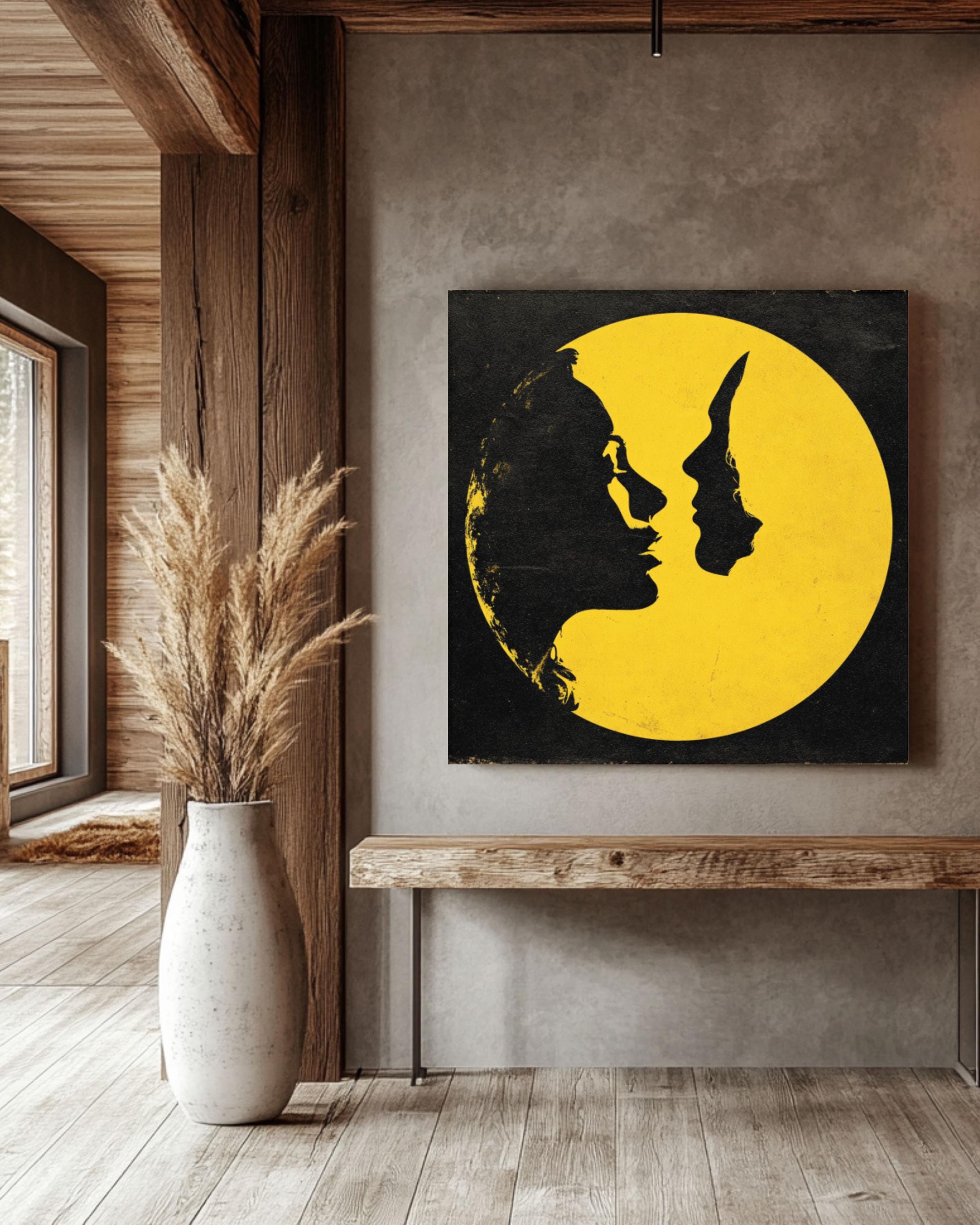 Surreal Moon Lovers Art Print: John Harris Style Celestial Kiss Canvas Wall Art – Modern Decor Print