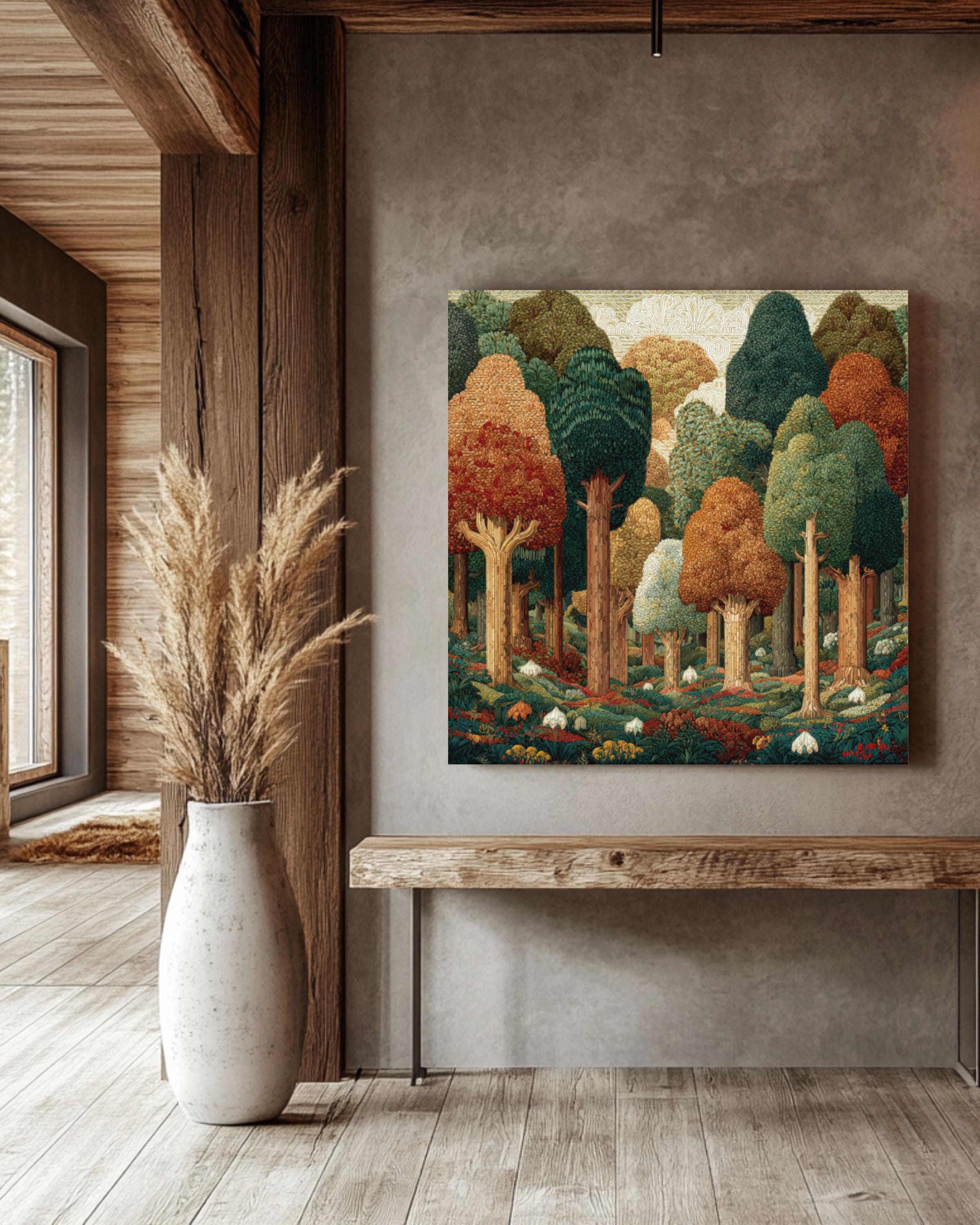 William Morris Style Forest Art Print: Geometric Trees, Fall Colors Canvas Wall Art – Modern Decor Print