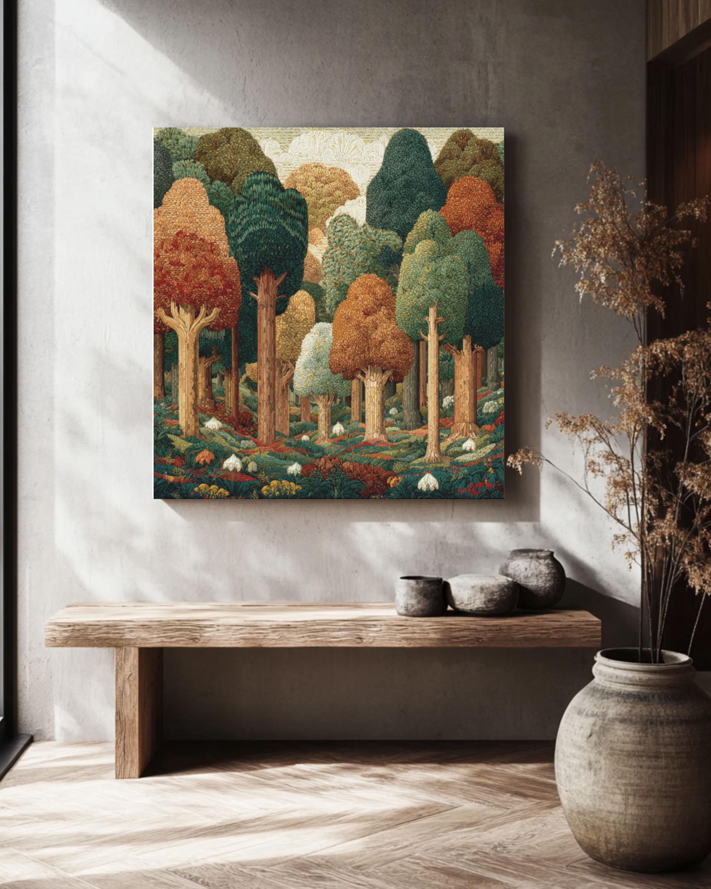 William Morris Style Forest Art Print: Geometric Trees, Fall Colors Canvas Wall Art – Modern Decor Print