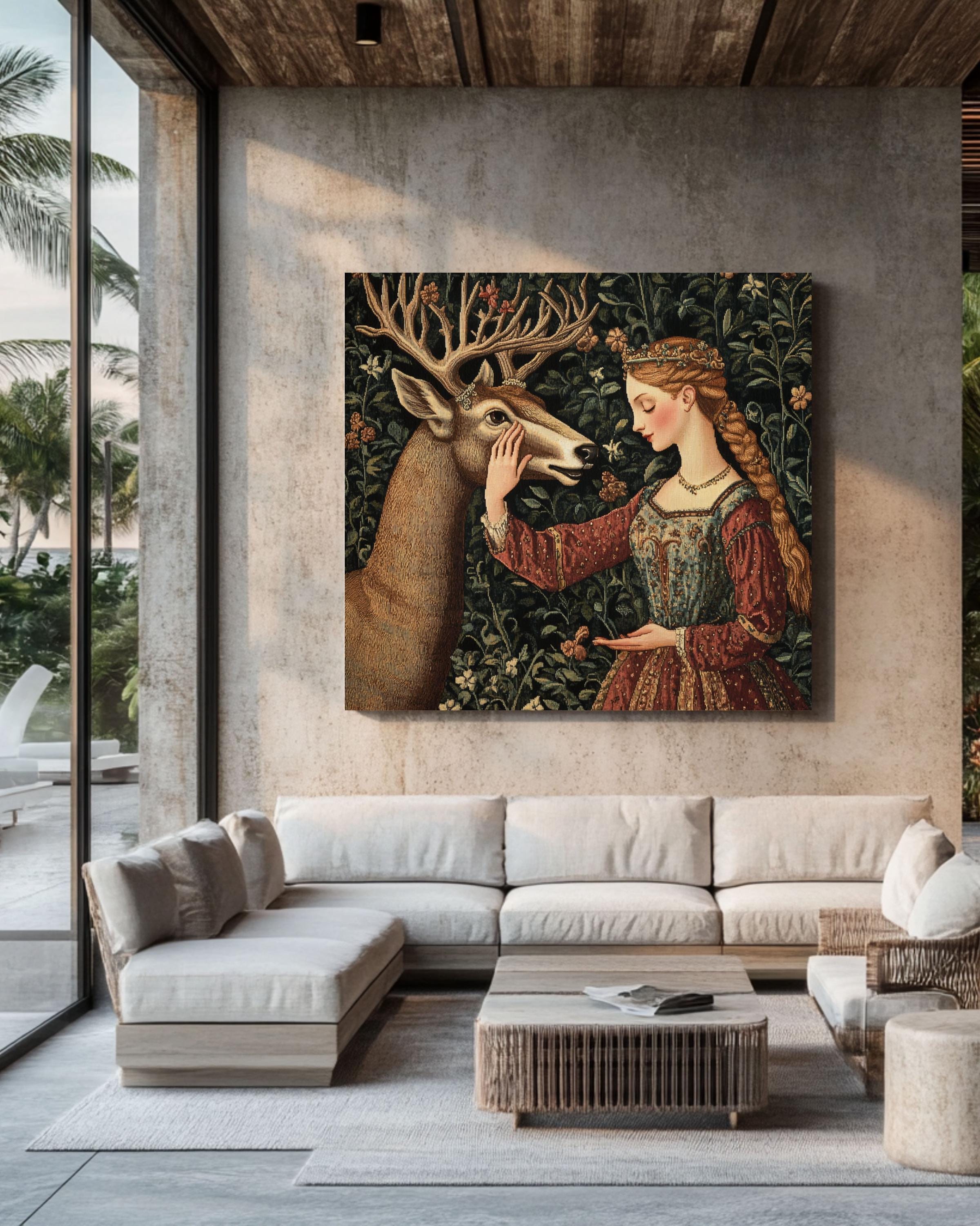 William Morris Medieval Deer Tapestry Art: Elegant Woman in Forest Canvas Wall Art – Modern Decor Print