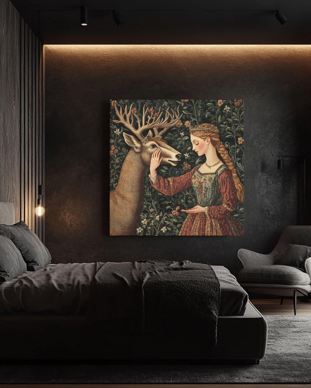 William Morris Medieval Deer Tapestry Art: Elegant Woman in Forest Canvas Wall Art – Modern Decor Print
